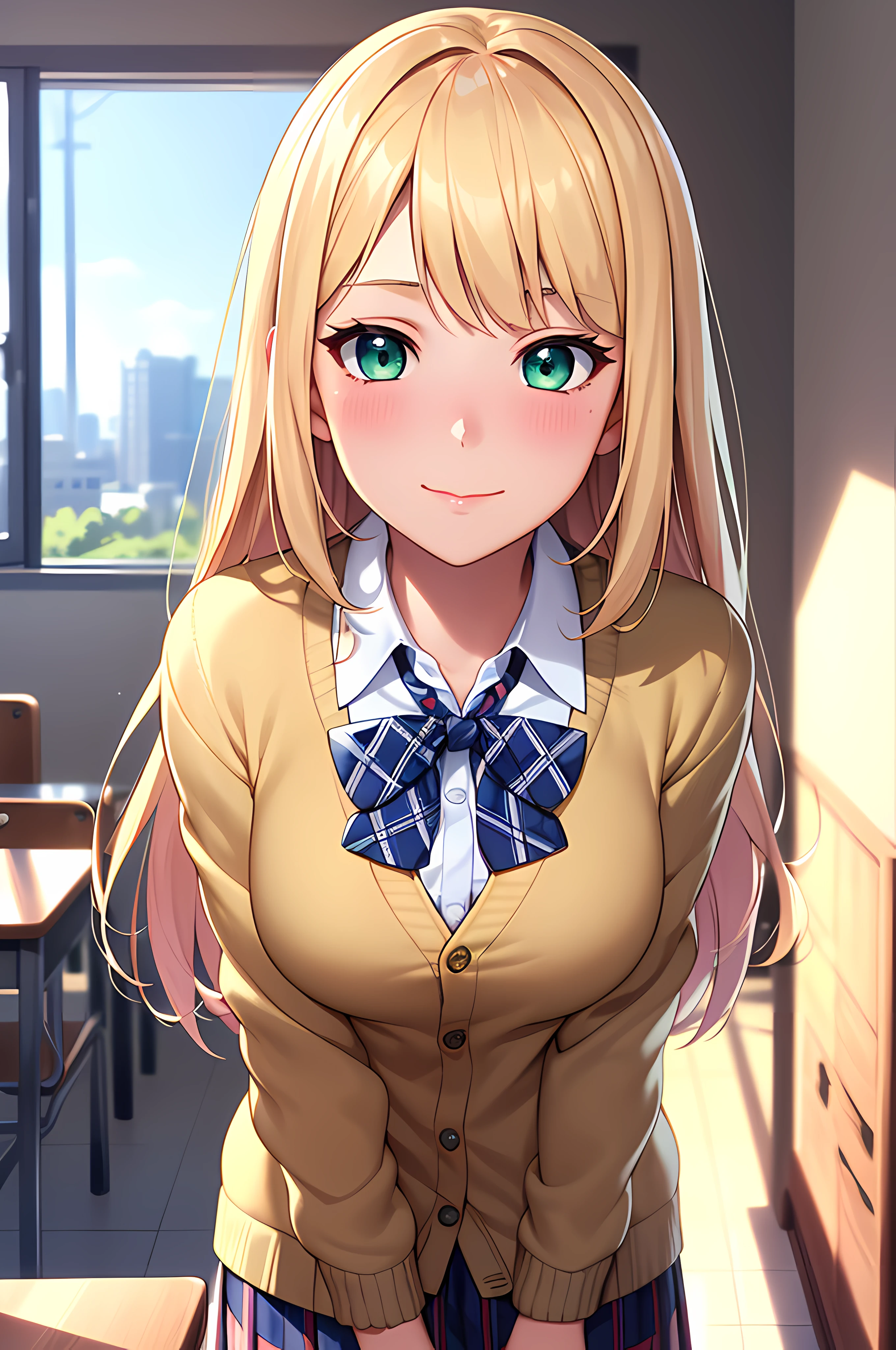((masterpiece, best quality, highres, UHD, perfect pixel, depth of field, 4k, RTX, HDR)), 1girl, single, solo, beautiful anime girl, official art, beautiful artstyle, anime character, ((long hair, parted bangs, blonde hair)), (green eyes:1.4, rounded eyes, beautiful eyelashes, realistic eyes), (detailed face, blushing:1.2), (smooth texture:0.75, realistic texture:0.65, photorealistic:1.1, anime CG style), medium breasts, perfect body, busty, (pov, close up), ((JK school uniform, plaid skirts, neck bowtie, cardigan)), natural light, indoor, classroom, school, sly smile, leaning forward, hands behind back