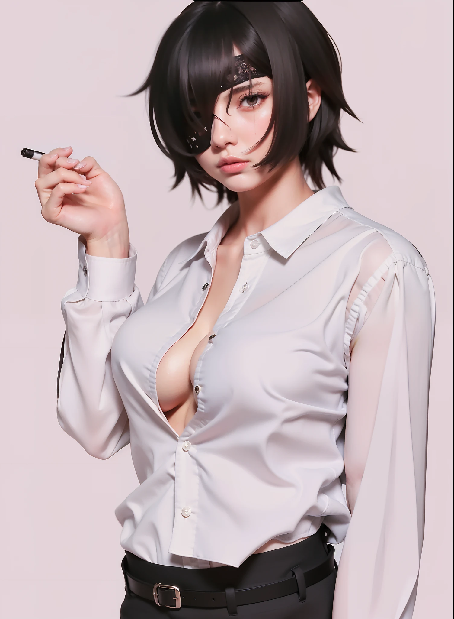 A girl with black hair and white shirt, wearing a blindfold, smoking a cigarette, High quality image, masterpiece, detailed hair texture, detailed skin texture, detailed cloth texture, 8k, add fabric details, ultra detailed skin texture, ultra detailed photo, skin pores, cloth details, high skin details, realistic hair details