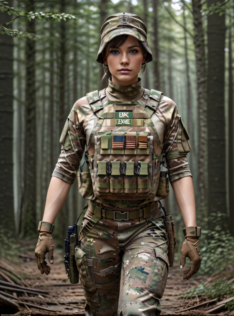 （​masterpiece、ultra fine photos、top-quality、超A high resolution、Photorealsitic、3/5 shots）、Beautiful Female Soldier、delicated face、fair white skin、blue eyess、Blonde cropped shorthair、Camouflage Cap、Woodland Camouflage Military Uniform（long-sleeve）、Woodland Camouflage Tactical Vest、Woodland Camouflage Long Pants、Combat gloves、Combat equipment、Holding a combat knife in one hand、Carry a Woodland Camouflage Backpack、Military undershirt（no sleeves）、Detailed and complex busy background、High Detail Skin、realistic skin detail、foco nítido、A room in an abandoned building、White smoke、Detailed face and chest depiction、Detailed hand depiction、Detailed foot depiction、combat pose、Dynamic action、Medium waist、watching at viewers