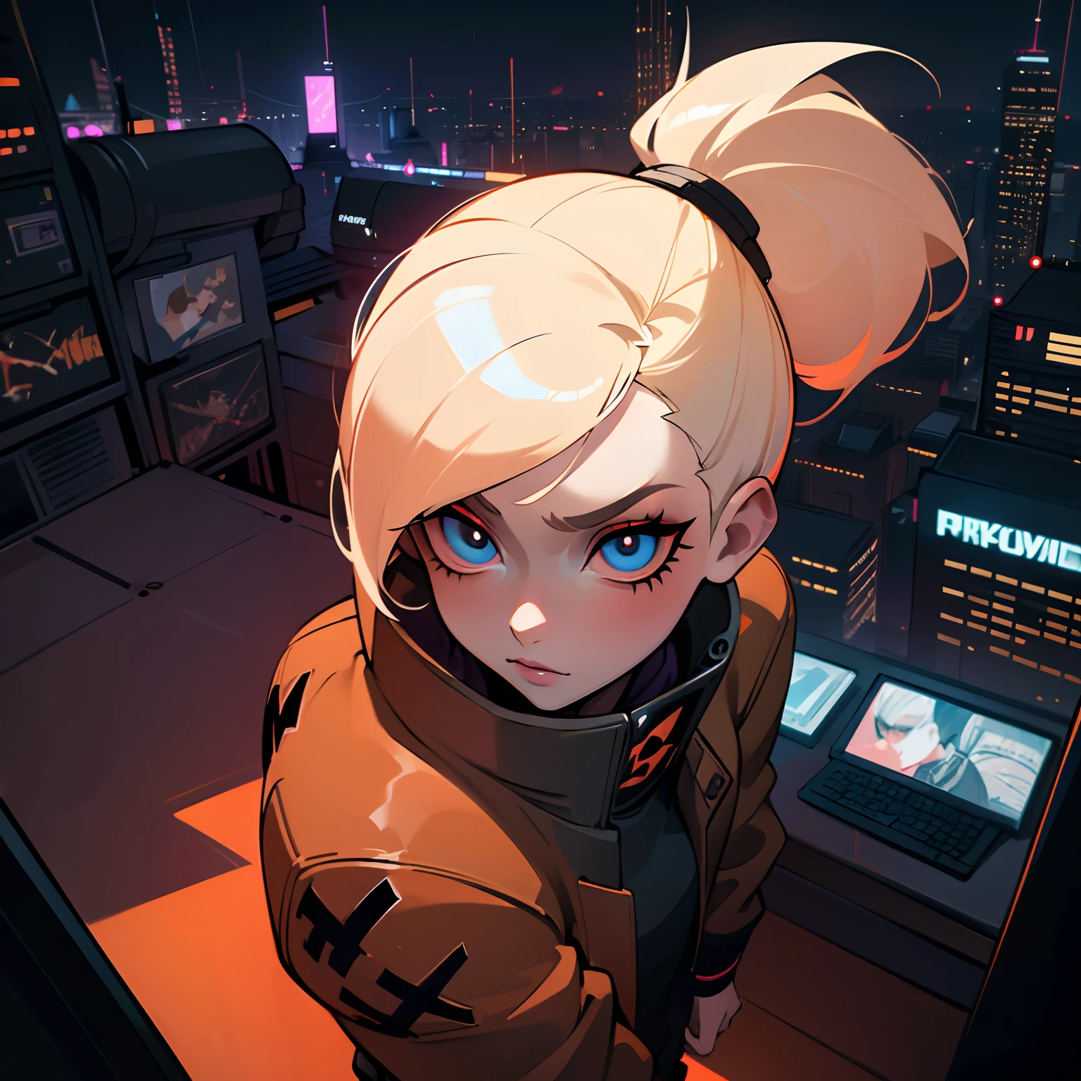 (close up, from directly above), Edgy girl, dark orange jacket, white sneaker, platinum blonde hair color, ponytail, dramatic makeup, piecing, (nighttime, dark city), neon signs, individuality, authenticity, creative expression, camera, computer, books, messy room, rooftop apartment