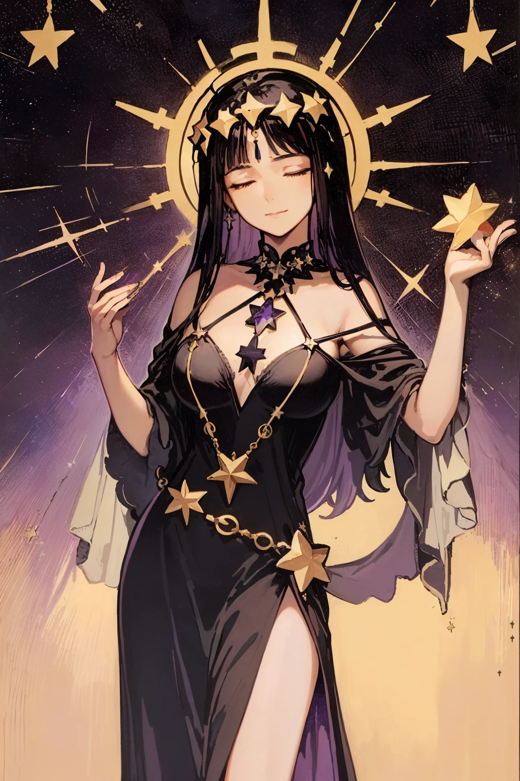 tarot card, the star, woman in long dress adorned with stars, (holding a star in the palm of her hand), ((eyes closed)), front view, (black hair), (purple halter dress), closed mouth smile