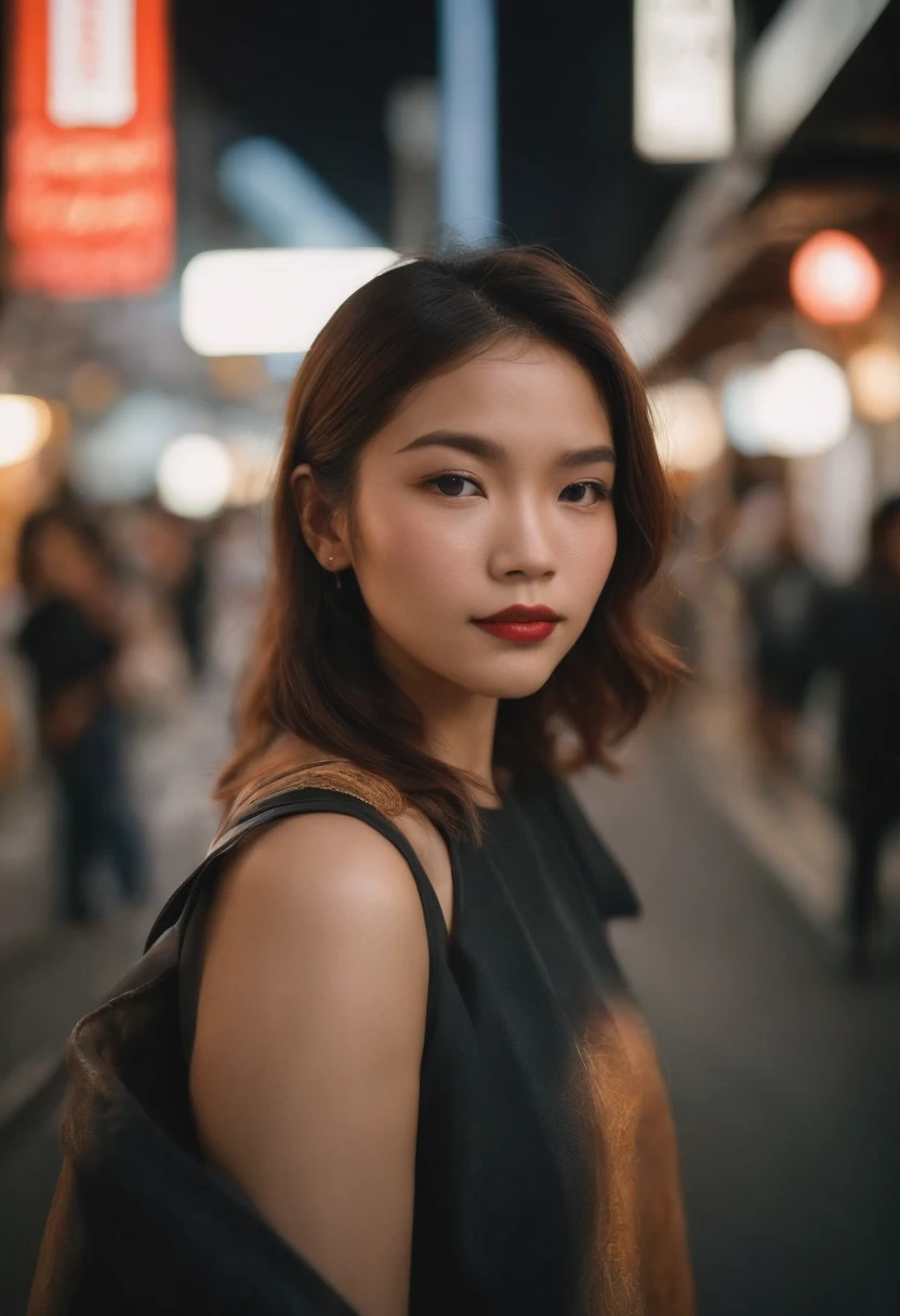 travellers, in the style of rap aesthetics, girl,Tokyo, Japan,make for a memorable photo. The background is to the of traditional Philippine streets and vibrant nightlife,photo taken with fujifilm superia, charly amani, oversized portraits, babycore, upper body