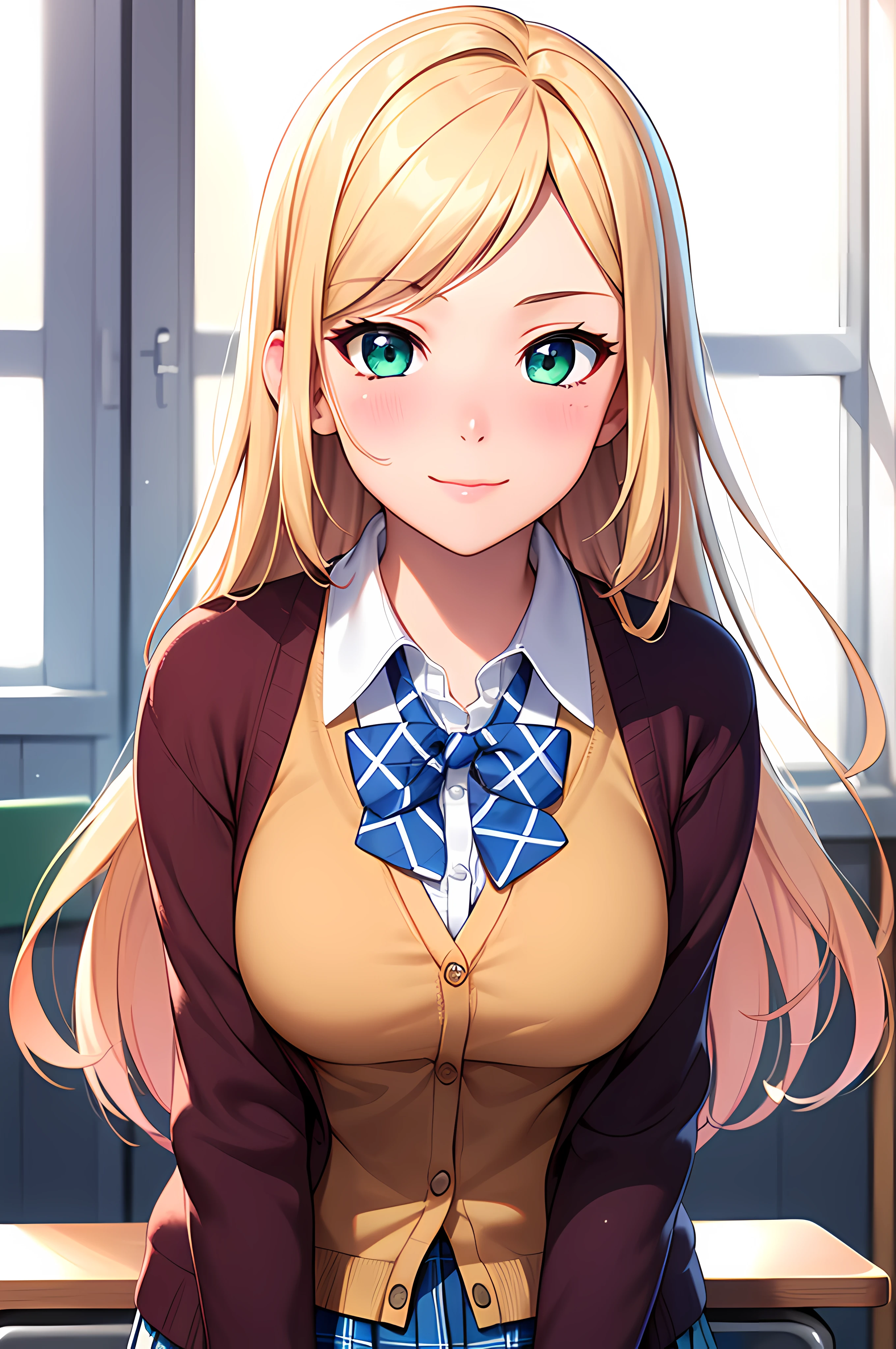 ((masterpiece, best quality, highres, UHD, perfect pixel, depth of field, 4k, RTX, HDR)), 1girl, single, solo, beautiful anime girl, official art, beautiful artstyle, anime character, ((long hair, parted bangs, blonde hair)), (green eyes:1.4, rounded eyes, beautiful eyelashes, realistic eyes), (detailed face, blushing:1.2), (smooth texture:0.75, realistic texture:0.65, photorealistic:1.1, anime CG style), medium breasts, perfect body, busty, (pov, close up), ((JK school uniform, plaid skirts, neck bowtie, cardigan)), natural light, indoor, classroom, school, sly smile, leaning forward, hands behind back