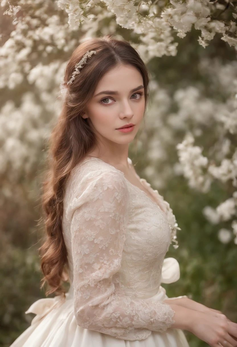 ((( Ojos expresivos, mirada triste))) Acentuar detalles, tez clara, Female around 16 years old, Natural brown hair, Distinctive brown eyes. Cabello largo rizado recogido. Sombrero de ala ancha adornado con una flor. Usando vestido victoriano largo hasta el cuello, mangas largas, Delgado y elegante, Beautiful, Flores en un entorno invernadero, Ultra Sharp Focus, Toma realista, Ropa femenina victoriana, Colores claros. Luz en el entorno hace que su cabello se ilumine. Full image below the waist showing a garden behind him.