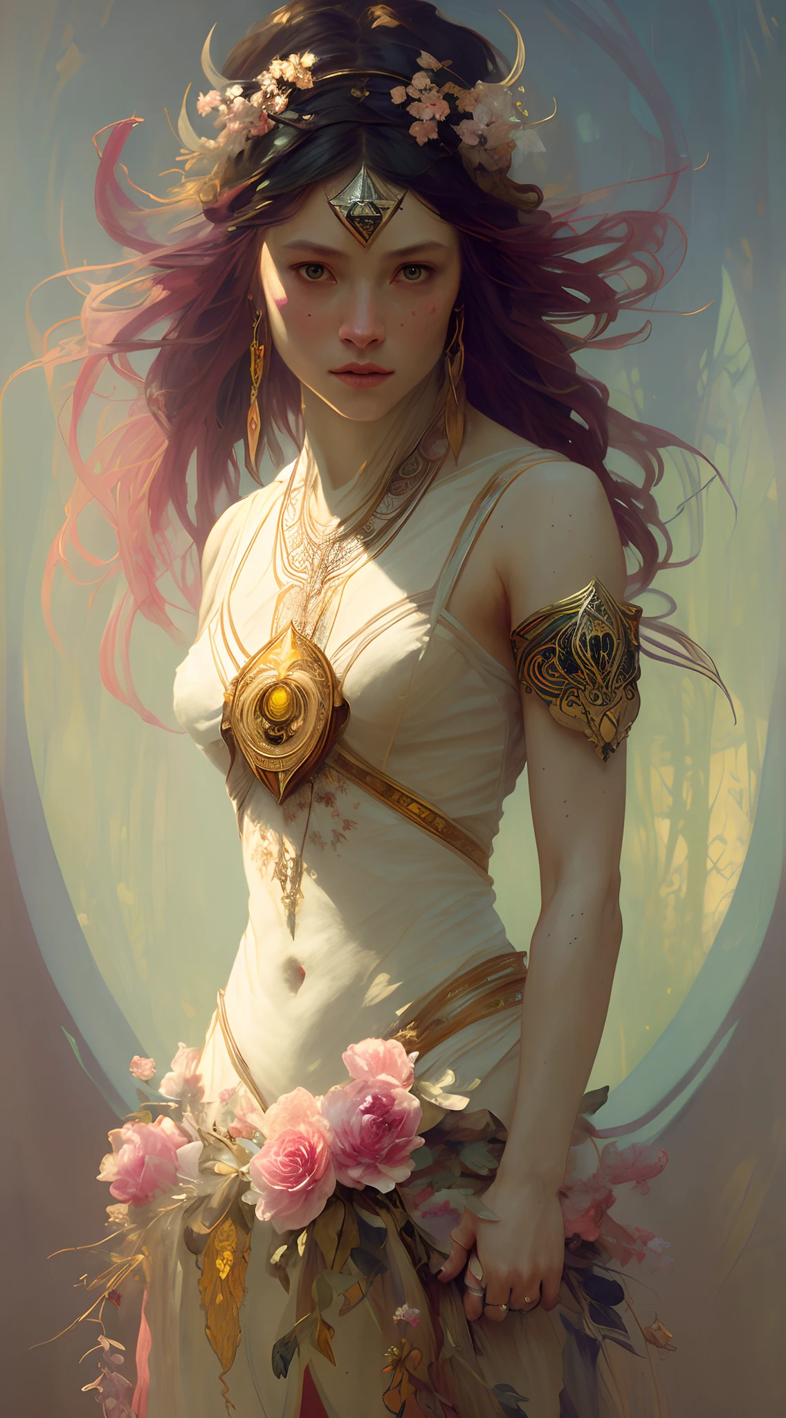 (symmetry: 1.1) (floral portrait: 1.05) a mulatto woman as a FAIRY OF THE FOREST, (assassins creed style: 0.8), pink and gold and opal color scheme, beautiful and intricate filegrid face painting, intricate, elegant, highly detailed, digital painting, art station, concept art, smooth, sharp focus, illustration, art by Greg Rutkowski and Alphonse Mucha, 8K