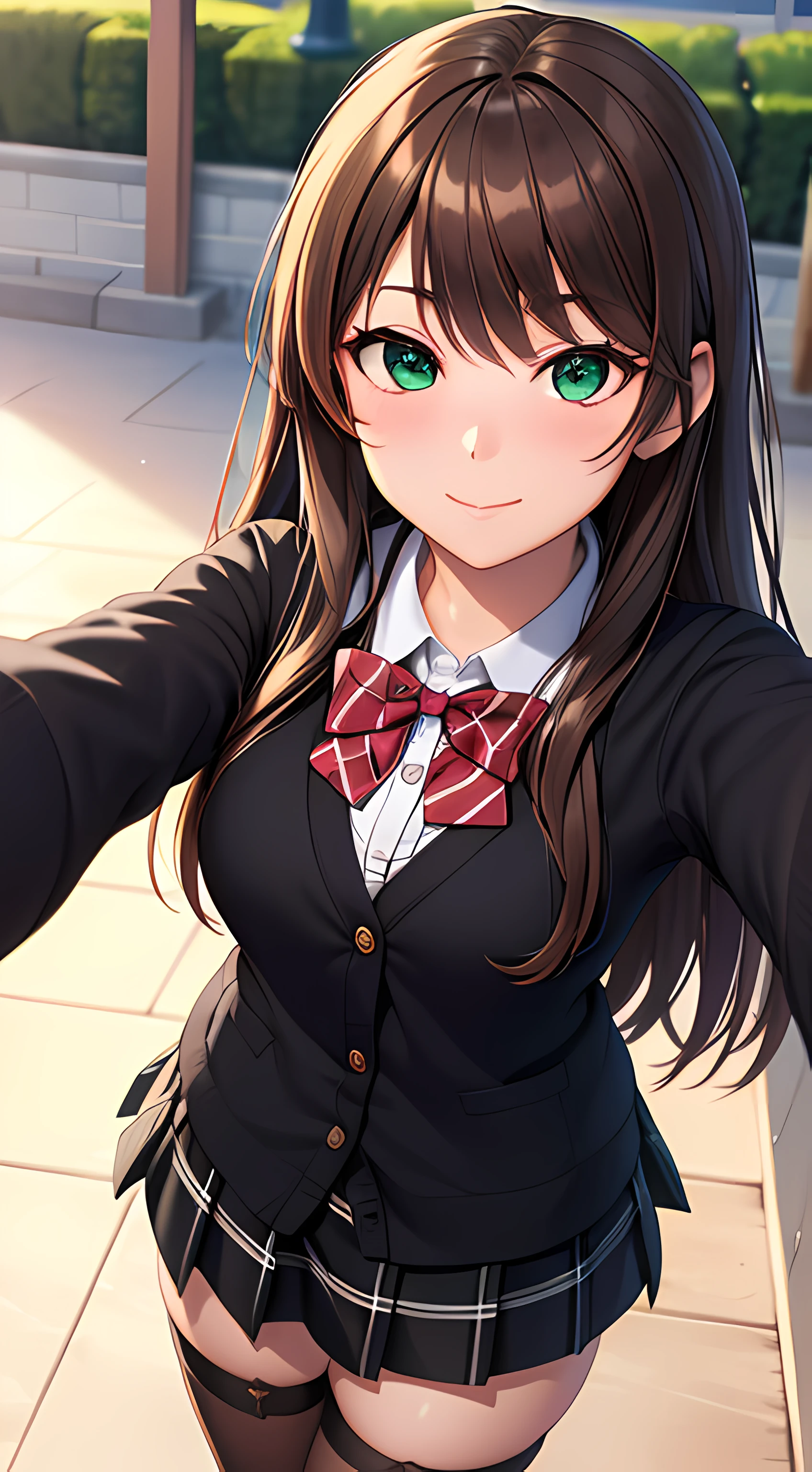 ((masterpiece, best quality, highres, UHD, perfect pixel, depth of field, 4k, RTX, HDR))), 1girl, single, solo, beautiful anime girl, beautiful artstyle, anime character, ((long hair, bangs, brown hair)), (green eyes:1.4, rounded eyes, beautiful eyelashes, realistic eyes), (detailed face, blushing:1.2), (smooth texture:0.75, realistic texture:0.65, photorealistic:1.1, anime CG style), medium breasts, (selfie, dynamic angle, dynamic pose:1.4, pov, close up, looking to viewer), perfect body, (red bowtie, school uniform, black jacket, closed jacket, brown cardigan, white shirt), ((black skirt:1.5, plaid skirt, black stocking)), smile, open mouth, amusement park