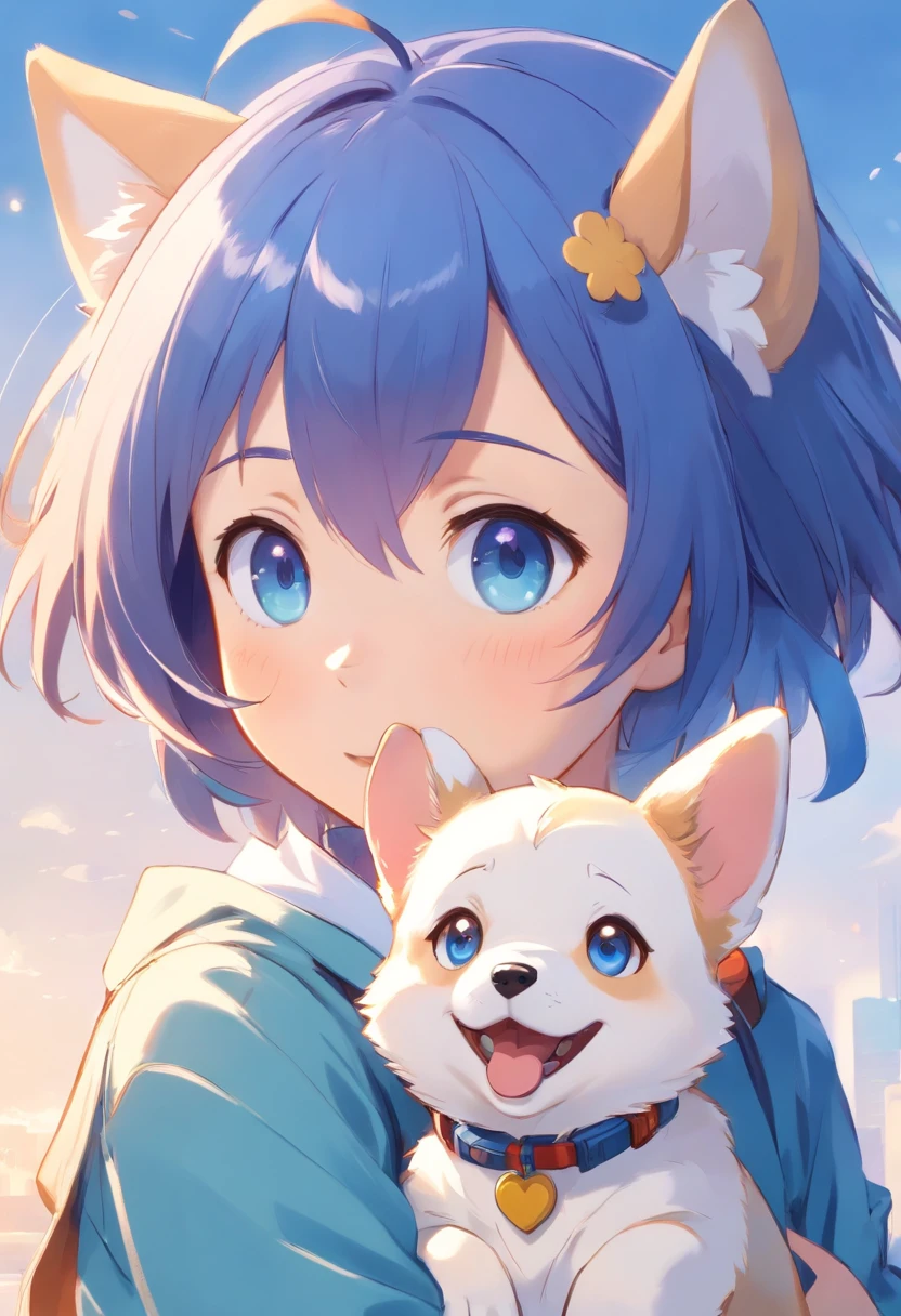 anime corgy puppy,Expression of cuteness, No background, no background, white background, girl with short blue hair and blue eyes, bust up, close up