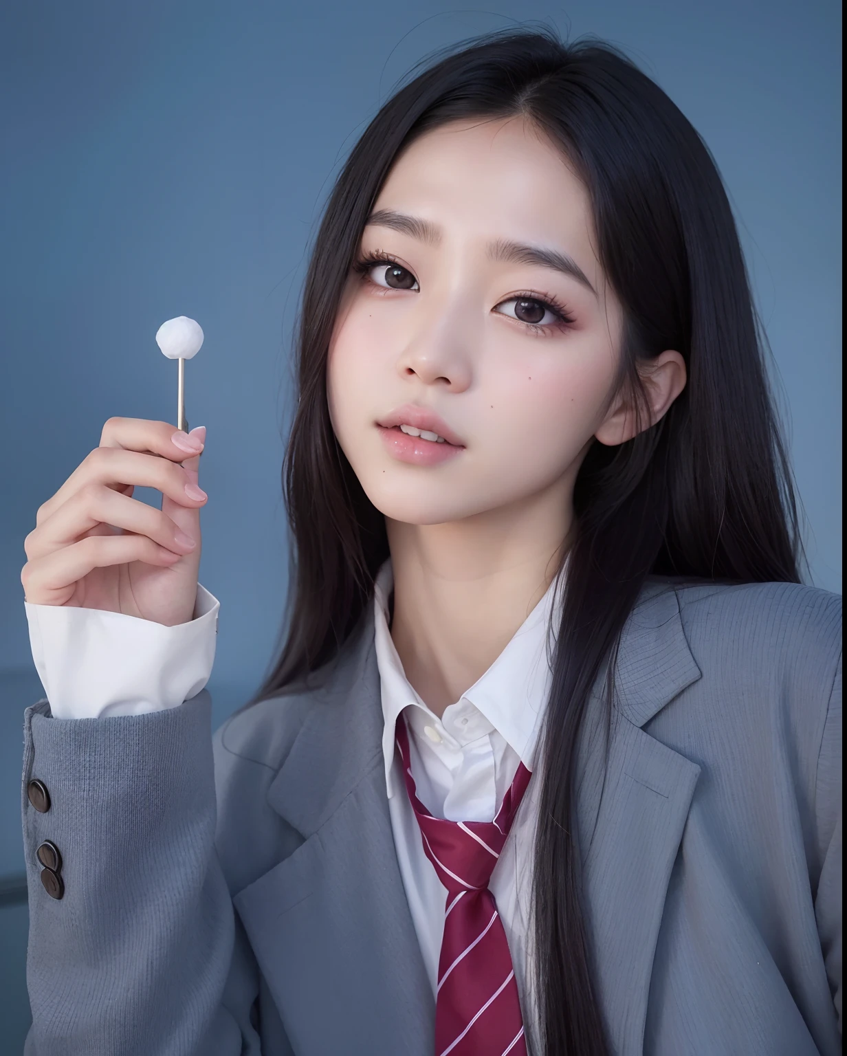 Asian woman arafed in a costume holding a white object, Yanjun Chengt, maquillaje popular de Corea del Sur, Jaeyeon Nam, ulzzang, maquillaje coreano popular, inspirado por Yanjun Cheng, dilraba dilmurat, Chica coreana, Jinyoung Shin, Una colegiala hiperrealista, Foto de perfil de la foto de cabeza, Chica de anime en la vida real, Xintong Chen