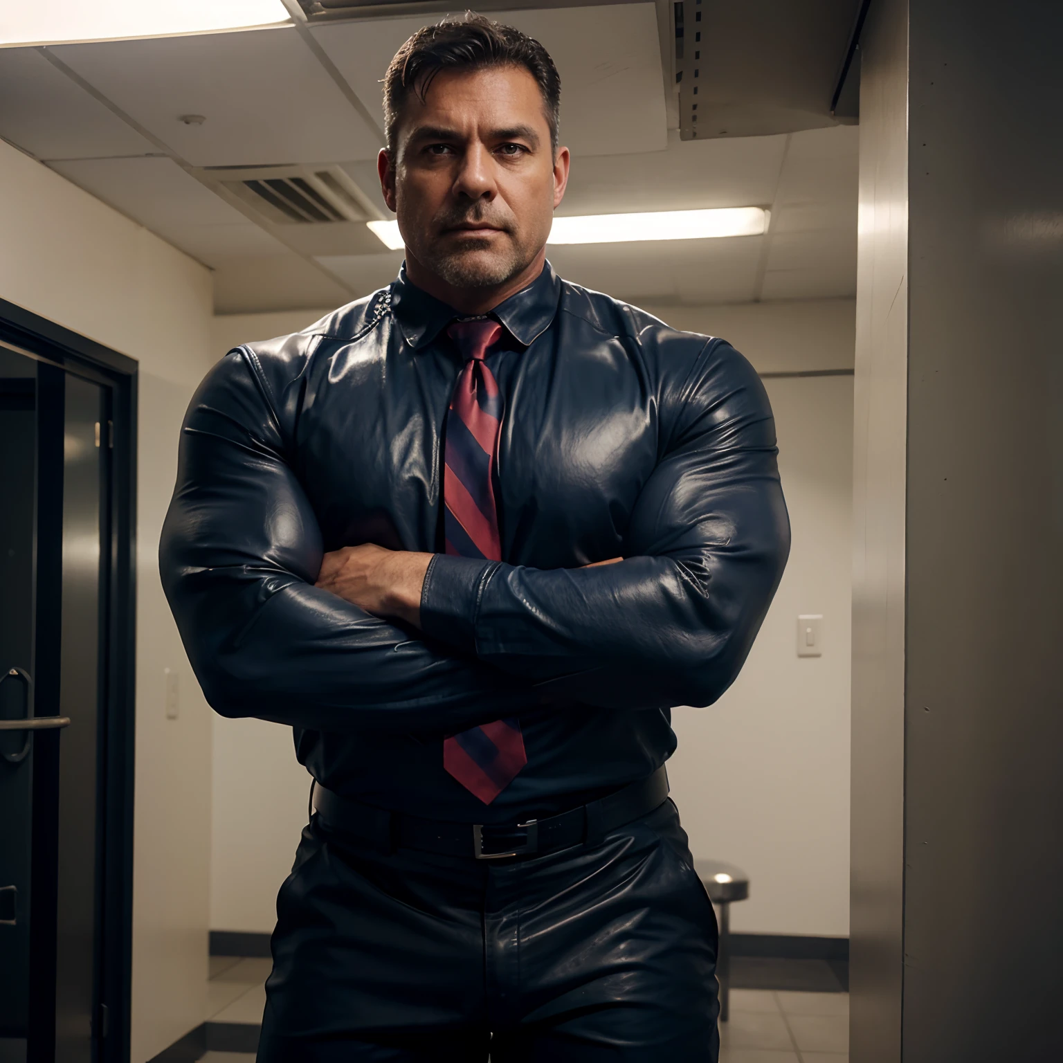 50 years old , daddy , male , muscled with huge arms , huge pecs , huge torso , navy , military , in leather suit with a tie , full body