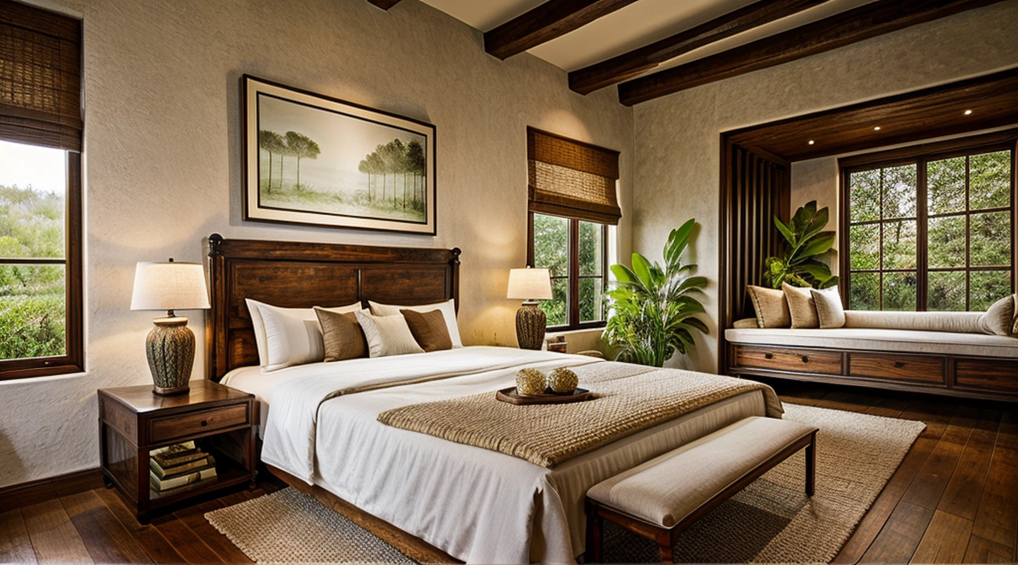 indochine bedroom interior design, a bedroom with bed, lamp, rug, potted plant, pillow, bench, (herringbone floor), rustic wood furnitures, picture frame, day, 8k uhd, dslr, soft lighting, high quality, film grain, Fujifilm XT3