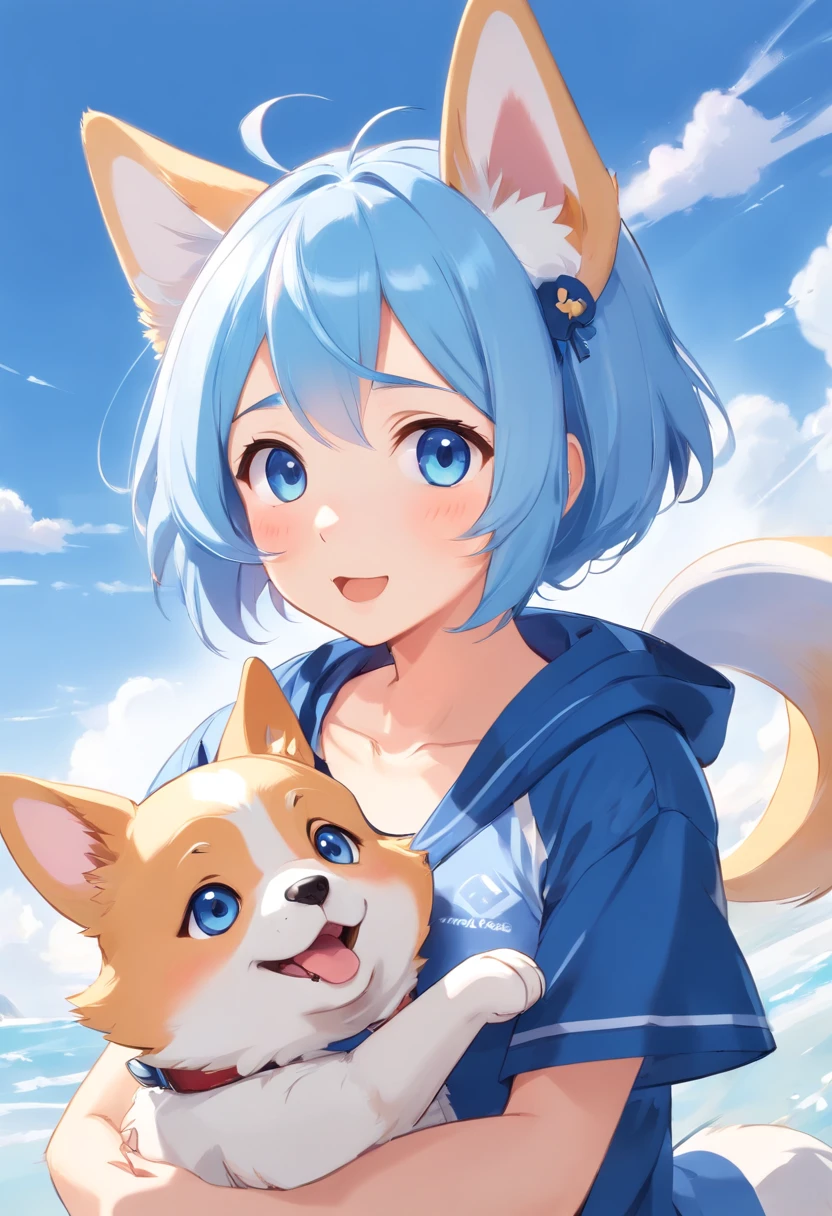 anime corgy puppy,Expression of cuteness, No background, no background, white background, girl with short blue hair and blue eyes ((no dog ears)), bust up, close up, azur lane style