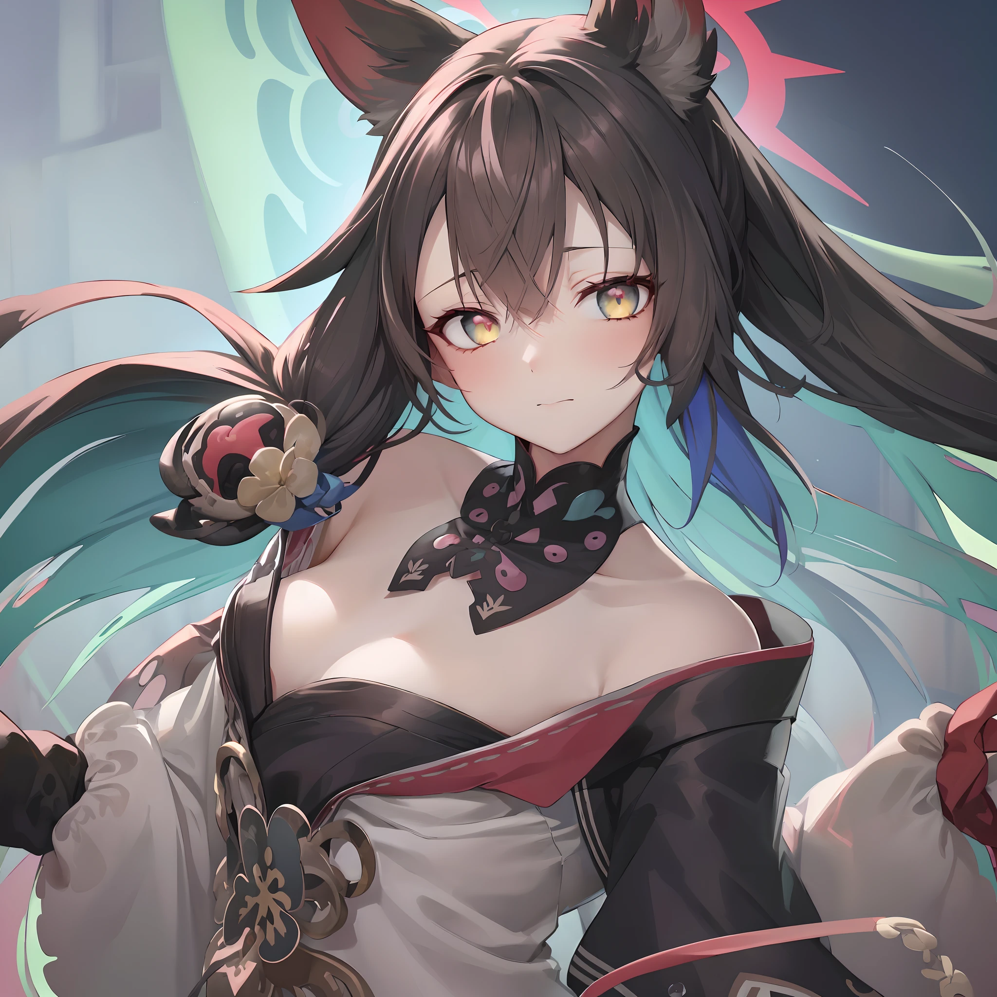 (((masutepiece))),(((Best Quality))),((Ultra-detailed)),(Illustration),(Dynamic Angle), ((floating)),(paint),((disheveled hair)), (Solo),(1girl in), ((Small_breasts)), (((Detailed anima face))),((beautifull detailed face)),Collar,Bare shoulders, White hair, ((Colorful hair)),((striated hair)), Beautiful detailed eyes,(Gradient color eyes),(((Colorful eyes))), (((Colorful background))),(((High color saturation))),(((Surrounded by colorful splashes))),(((surrounded by colorful dot))),colorful bubble,((Shining))