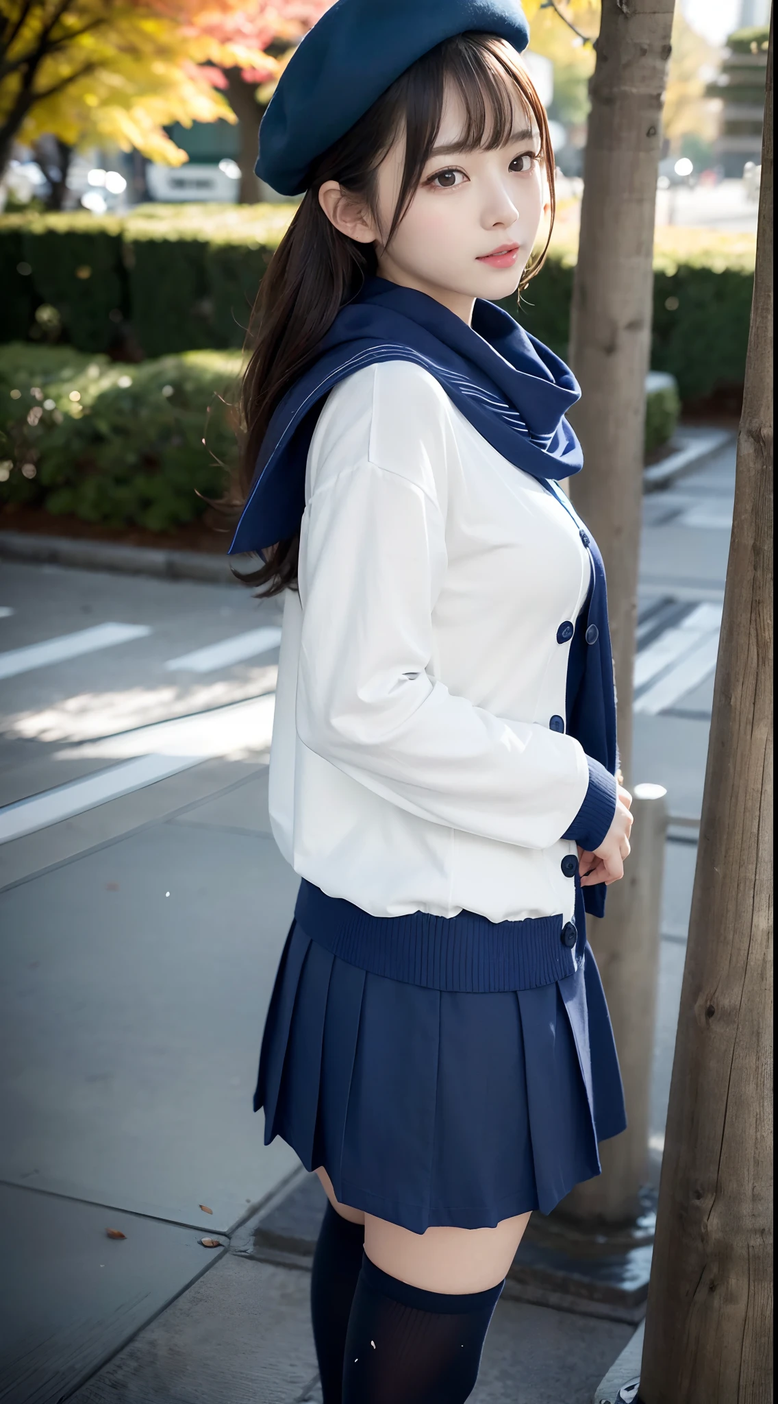 mix4, (16 K, Raw photography, Top image quality, ​masterpiece: 1.45), (realisitic, Photorealsitic: 1.37), one girls, Random hairstyle、Standing figure，Morning time slot、a very cute,a park,Trees with autumn leaves, profetional lighting, photon maping、physically-based renderingt, Gradient dark brown hair,, a handsome, Well-groomed and beautiful eyes、Large double eyelids、Very shiny、girl with, (((student clothes、Winter clothes、Sailor suit worn by Japan girl、Cardigan、Navy blue sailor color、scarf、a miniskirt, Small beret、high socks、lowfers))), Top Quality Photos, hight resolution, 1080p, (clearface), (Detailed face description), (Detailed hand description), (​masterpiece), (Exquisite CG)、extreme light and shadows、dishevled hair、master work、abundant detail、(Fine facial features)、(top quality photo)、(masuter piece)、(A detailed eye)、Looking at the camera、Fine clavicle、((Slender big))、(((Japan schooln sailor suit)))、((Ready Idol System))、((a park、Slide、The fountain、seesaw))、(((neat and cute)))、耳Nipple Ring、A big smile、Drawing the whole body from the knees、Do not draw nasolabial folds、(((Cute sailor suit)))、(Big breasts that hang down big:1.4)、Big buttocks with tension、Two arms and two legs、(((from the front side:0.2)))、bare hand、No mask、