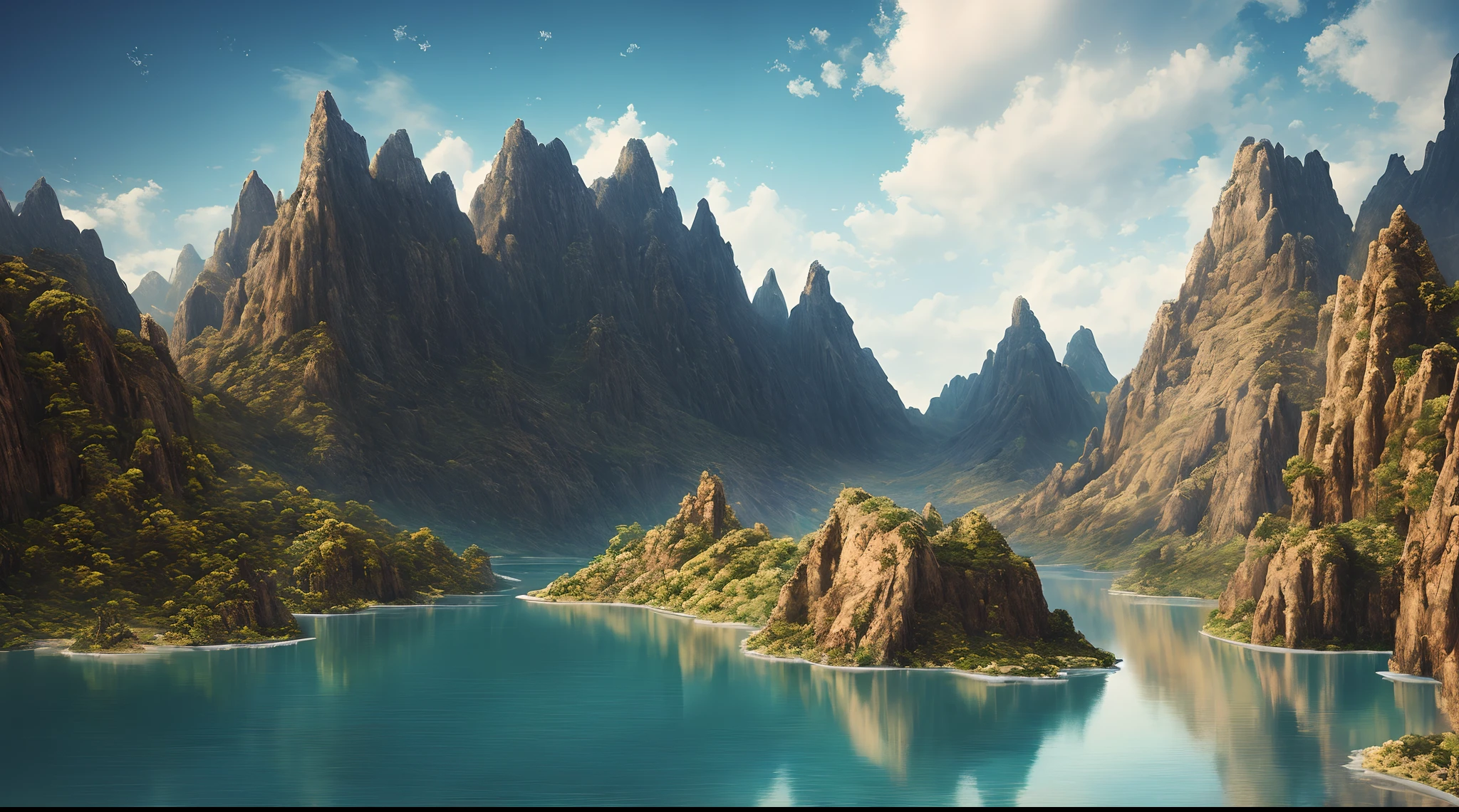 (((masterpiece))), complex landscape, best quality, high quality, extremely detailed CG unity 8k wallpaper, scenery, outdoors, sky, cloud, day, no people, mountain, landscape, water, tree, blue sky, waterfall, cliff, nature, lake, river, cloudy sky,award winning photography, Bokeh, Depth of Field, HDR, bloom, Chromatic Aberration ,Photorealistic,extremely detailed, trending on artstation, trending on CGsociety, Intricate, High Detail, dramatic, art by midjourney, vast landscape, small mountains