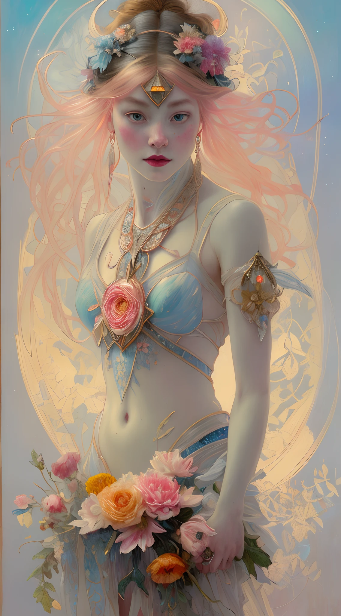 (symmetry: 1.1) (floral portrait: 1.05) a mulatto woman as a FAIRY OF THE FOREST, (assassins creed style: 0.8), pink and gold and opal color scheme, beautiful and intricate filegrid face painting, intricate, elegant, highly detailed, digital painting, art station, concept art, smooth, sharp focus, illustration, art by Greg Rutkowski and Alphonse Mucha, 8K Moon fairy kneeling, quarter moon shining small inside jar, filled with peach isometric shot inside a glass jar looking out, gossamer, short skirt blue, yellow gold red and orange, chrysanthemum, nighttime, stardust. Fairytale, rococopunk, delicate studio artist model. Best quality, oil painting on canvas. Coby Whitmore, Ray Caesar, Lichtenstein, Fragonard, Van Gogh. Surrealism. Exquisitely detailed luminous portrait moon. Moon, clouds, waves, ocean, glow, bioluminescence. 18th century masterpiece, Vogue fashion illustration, delicate embroidery. Perfect red lips, Perfect face, delicate face, perfect eyes, detailed pupils. By Maya, water