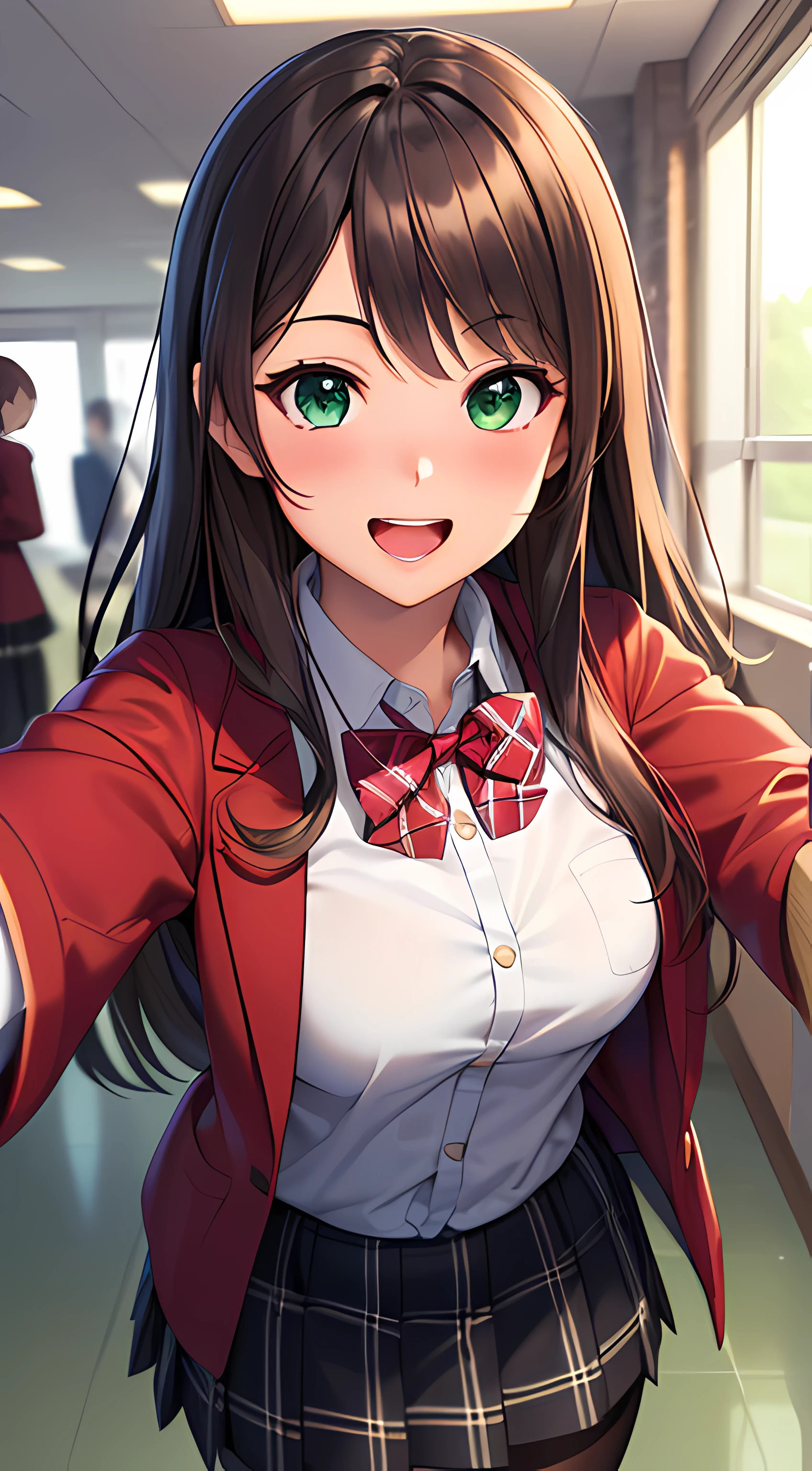 ((masterpiece, best quality, highres, UHD, perfect pixel, depth of field, 4k, RTX, HDR))), 1girl, single, solo, beautiful anime girl, beautiful artstyle, anime character, ((long hair, bangs, brown hair)), (green eyes:1.4, rounded eyes, beautiful eyelashes, realistic eyes), (detailed face, blushing:1.2), (smooth texture:0.75, realistic texture:0.65, photorealistic:1.1, anime CG style), medium breasts, (selfie, dynamic angle, dynamic pose:1.4, pov, close up, looking to viewer), perfect body, (red bowtie, school uniform, black jacket, closed jacket, brown cardigan, white shirt), ((black skirt:1.5, plaid skirt, black stocking)), (sly smile, open mouth, teeth visible), amusement park