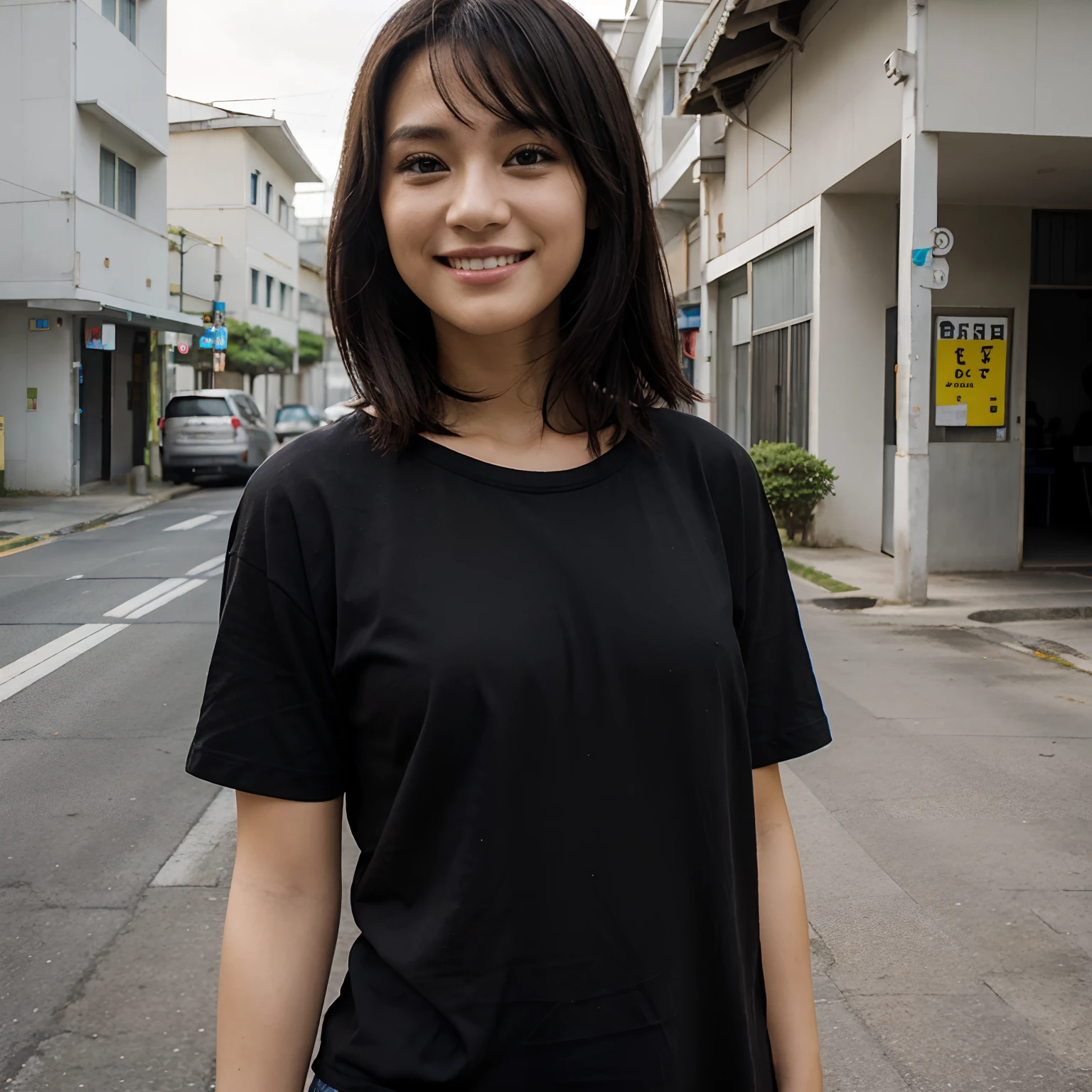 a black T-shirt A dark-haired lo fashion Okinawa Smile