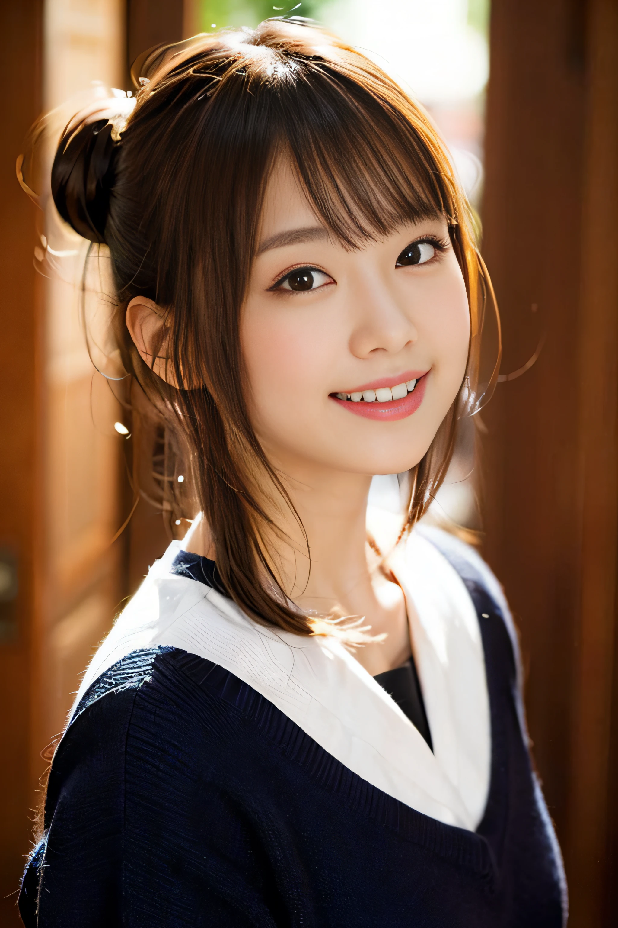 (8K、Raw photography、top-quality、​masterpiece:1.2)、(realisitic、Photorealsitic:1.37)、ultra-detailliert、超A high resolution、女の子1人、see the beholder、beautifull detailed face、A smile、Constriction、(Slim waist) :1.3)、Beautiful detailed skin、Skin Texture、Floating hair、Professional Lighting、Whole human body、a blond、japanese hight school uniform、hi-school girl、Disney land、redribbon、Bob Hair、Happy smile、Suppin、Bun hairstyle、夏天、Hiromi Brown、Moisturizing lips、Thin pink lips、haar