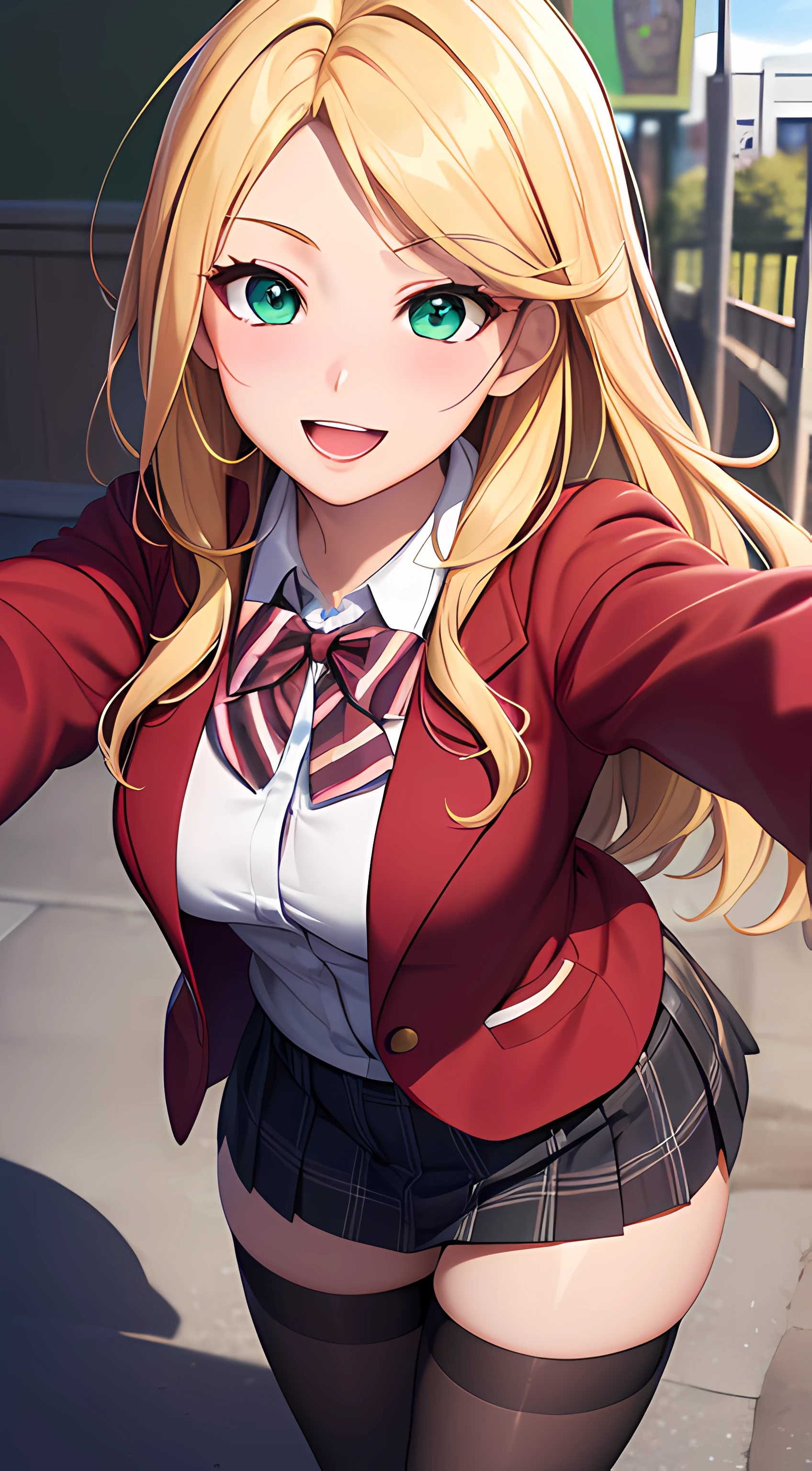 ((masterpiece, best quality, highres, UHD, perfect pixel, depth of field, 4k, RTX, HDR))), 1girl, single, solo, beautiful anime girl, beautiful artstyle, anime character, ((long hair, parted bangs, blonde hair)), (green eyes:1.4, rounded eyes, beautiful eyelashes, realistic eyes), (detailed face, blushing:1.2), (smooth texture:0.75, realistic texture:0.65, photorealistic:1.1, anime CG style), medium breasts, (selfie, dynamic angle, dynamic pose:1.4, pov, close up, looking to viewer), perfect body, (red bowtie, school uniform, black jacket, closed jacket, brown cardigan, white shirt), ((black skirt:1.5, plaid skirt, black stocking)), smile, open mouth, amusement park