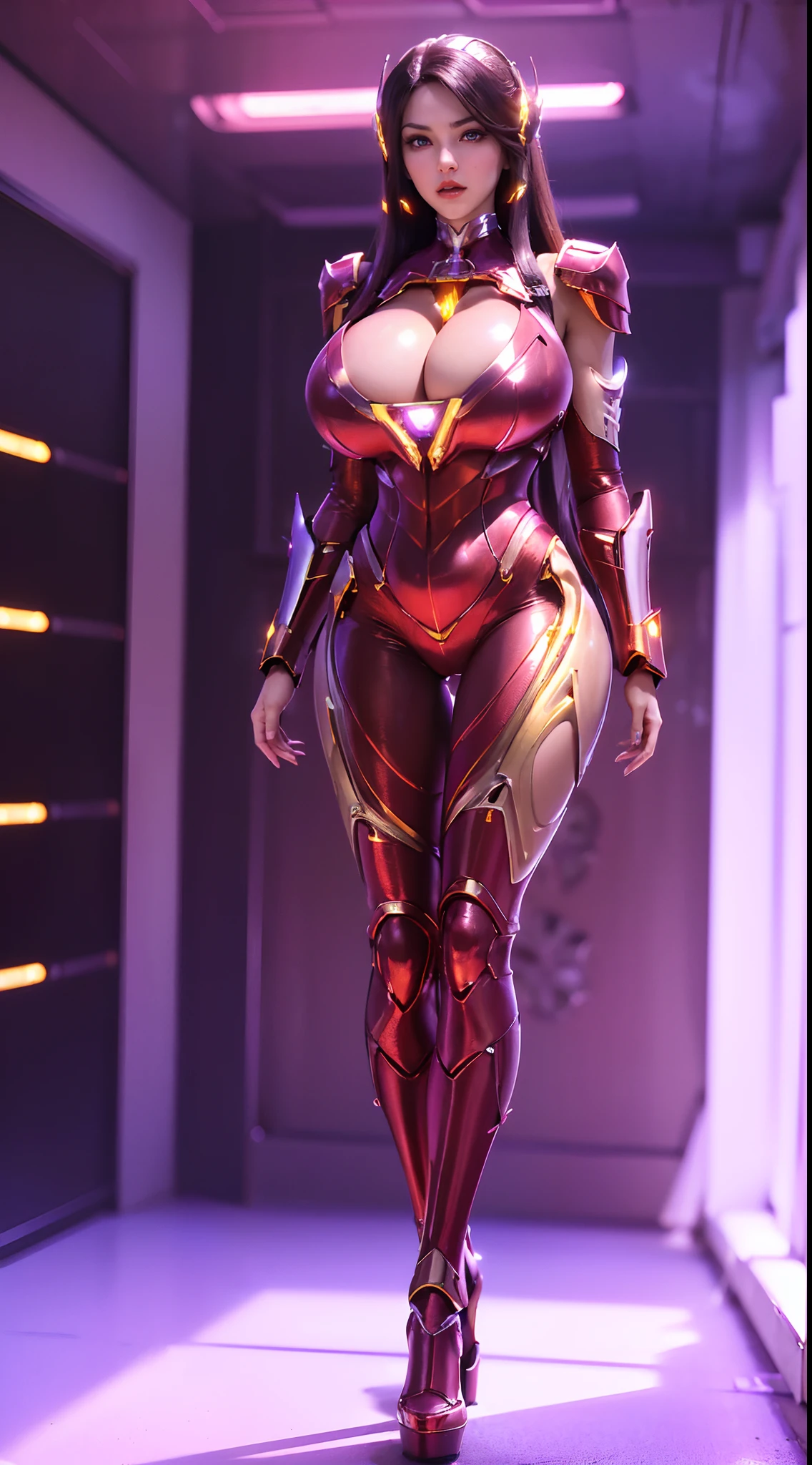 (1GIRL, ALONE, SOLO), (super detailed face), (dark long hair: 0.8), ((Phoenix Headwear)), (BIG BUTTOCKS, 11 LINE ABS, CLEAVAGE, HUGE FAKE BREASTS:1.5), (GOLD MECHA GUARD ARM:1.3), (RED SHINY MECHA CYBER ARMORED, PURPLE MECHA SKINTIGHT SUIT PANTS, MECHA GUARD ARMOR LEGS, HIGH HEELS:1.5), (THICC MUSCULAR FEMALE BODY, GLOWING SKIN, LONG LEGS, FULL BODY:1.1), (LOOKING AT VIEWER:1.3), (female focus:0.886), (WALKING DOWN HALLWAY OF FUTURISTIC SPACE STATION:1), (BRIGHT LIGHT ROOM:1.5), SUPER TEXTURE, UNREAL ENGINE RENDER, PHYSICALLY-BASED RENDERING, ULTRA HIGHT DEFINITION, 16K, 1080P.
