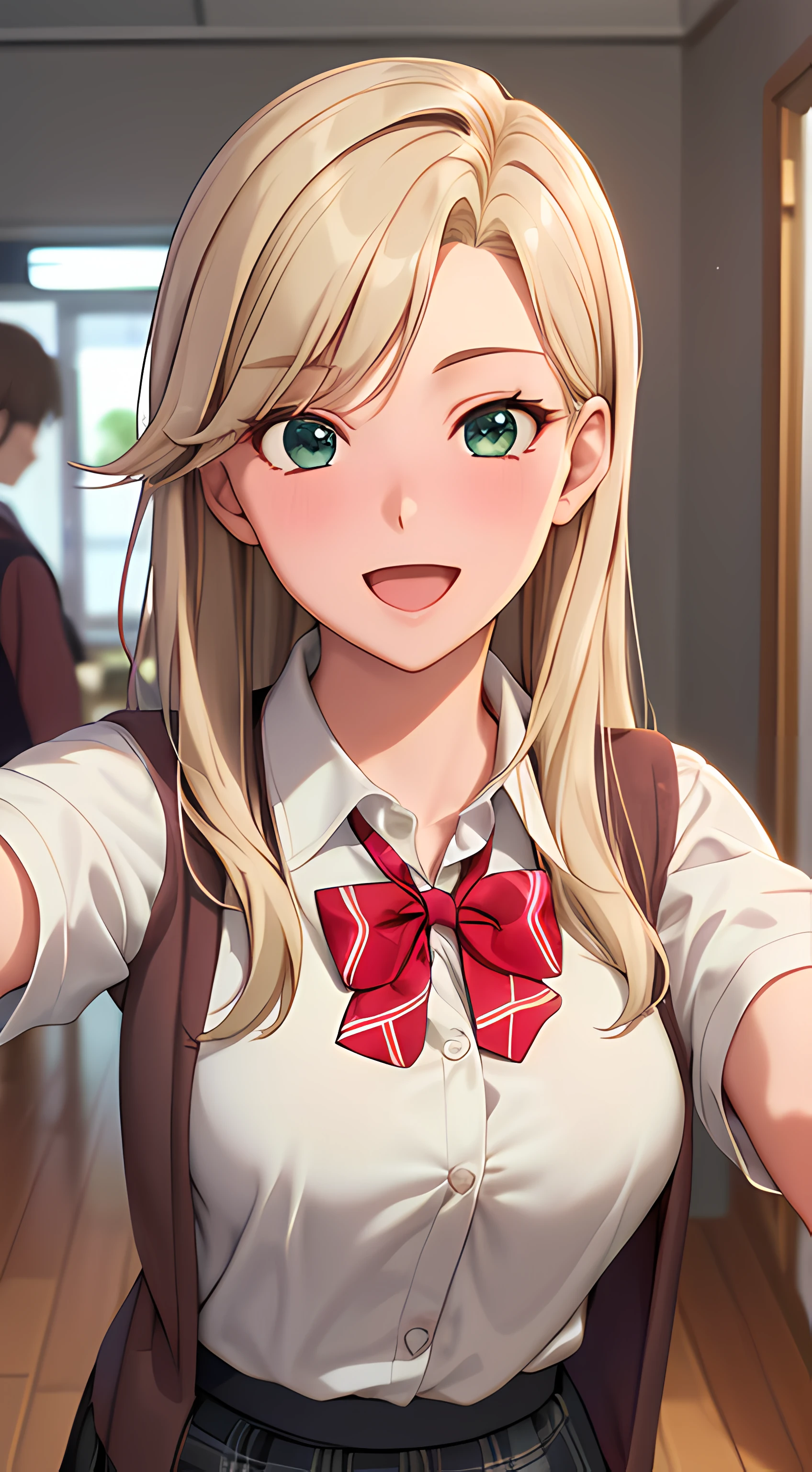 ((masterpiece, best quality, highres, UHD, perfect pixel, depth of field, 4k, RTX, HDR))), 1girl, single, solo, beautiful anime girl, beautiful artstyle, anime character, ((long hair, parted bangs, blonde hair)), (green eyes:1.4, rounded eyes, beautiful eyelashes, realistic eyes), (detailed face, blushing:1.2), (smooth texture:0.75, realistic texture:0.65, photorealistic:1.1, anime CG style), medium breasts, (selfie, dynamic angle, dynamic pose:1.4, pov, close up, looking to viewer), perfect body, (red bowtie, school uniform, black jacket, closed jacket, brown cardigan, white shirt), ((black skirt:1.5, plaid skirt, black stocking)), smile, open mouth, amusement park