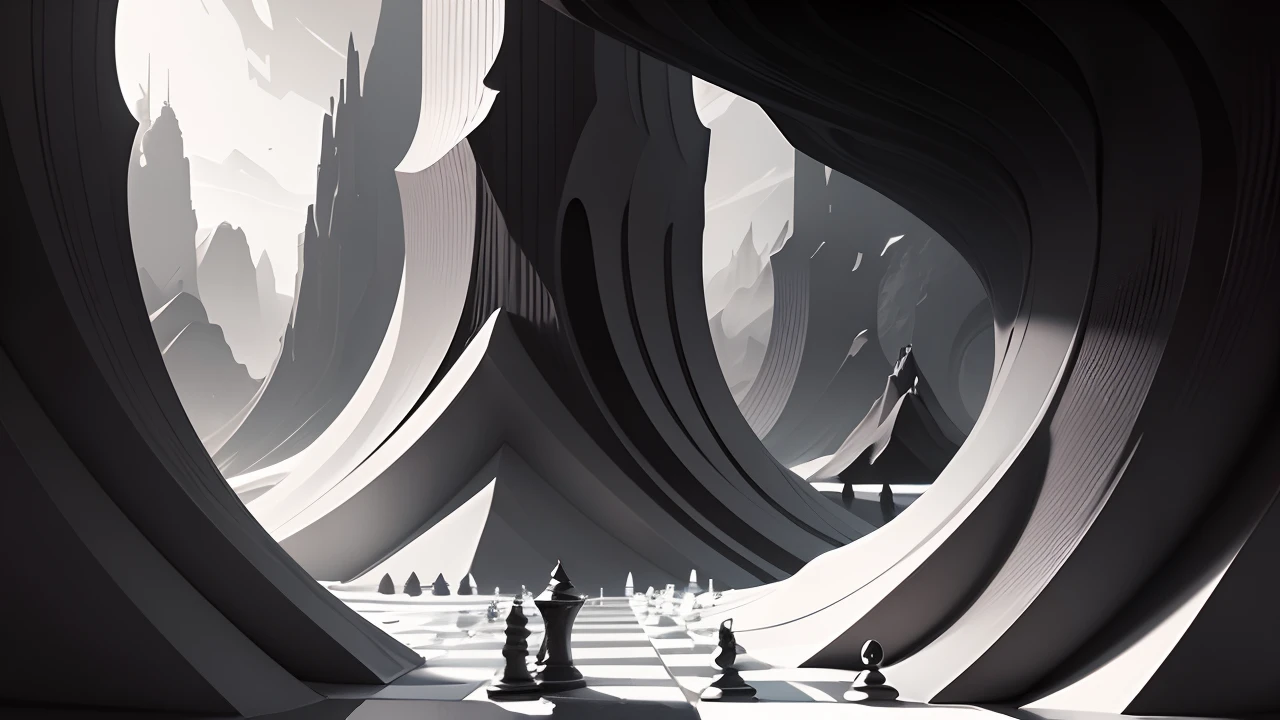 low poly aesthetic background art, black and white dark aesthetic color palette, landscape art, clean landscape wallpaper, chess piece, canyon, perlin noise