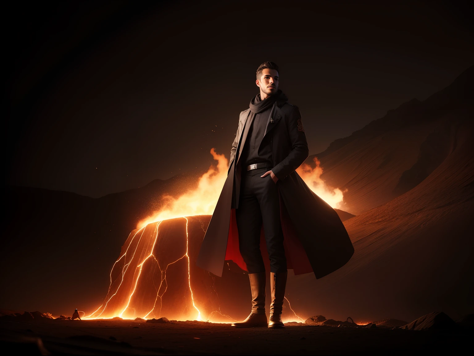 un hombre caballero jedi de apariencia hispana con su sable de luz  color rojo cuerpo completo  en un campo de lava volcanica guapo fuerte ojos cafe con barba ((estilo humano hiperealista)),(((Empty dark background))). hiperrealista todo como un motor irreal trazado de rayos render estilo humano realista ,(((Empty dark background)))., Suavemente iluminado, Intimo exquisito detalle, foco nítido, intrincadamente detallado, rewarded photography, small-catchlight, bajo contraste, alta nitidez, facial-symmetry, profundidad de campo, cinematic background, Renderizado del motor irreal, Imagen central, dream-like, Suavemente iluminado, intimo, imagen de cuerpo completo ,cuerpo completo