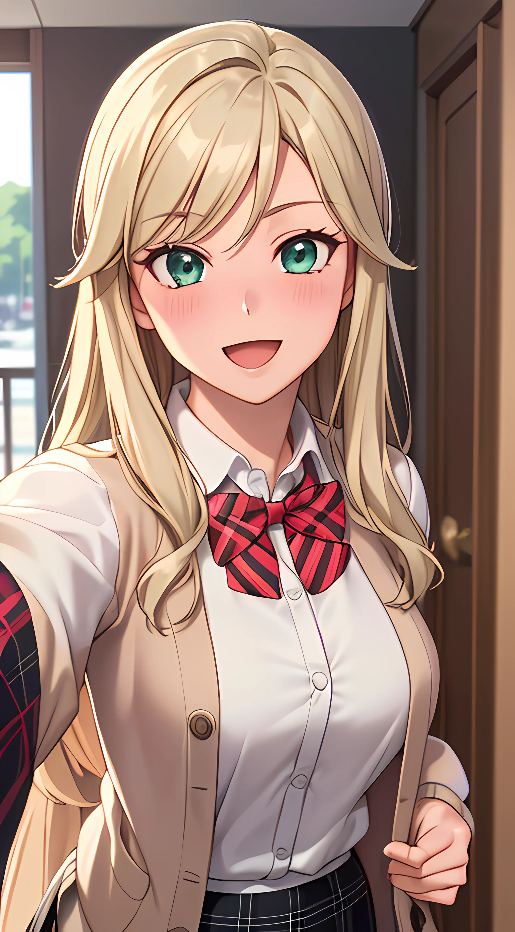 ((masterpiece, best quality, highres, UHD, perfect pixel, depth of field, 4k, RTX, HDR))), 1girl, single, solo, beautiful anime girl, beautiful artstyle, anime character, ((long hair, parted bangs, blonde hair)), (green eyes:1.4, rounded eyes, beautiful eyelashes, realistic eyes), (detailed face, blushing:1.2), (smooth texture:0.75, realistic texture:0.65, photorealistic:1.1, anime CG style), medium breasts, (selfie, dynamic angle, dynamic pose:1.4, pov, close up, looking to viewer), perfect body, (red bowtie, school uniform, black jacket, closed jacket, brown cardigan, white shirt), ((black skirt:1.5, plaid skirt, black stocking)), smile, open mouth, amusement park