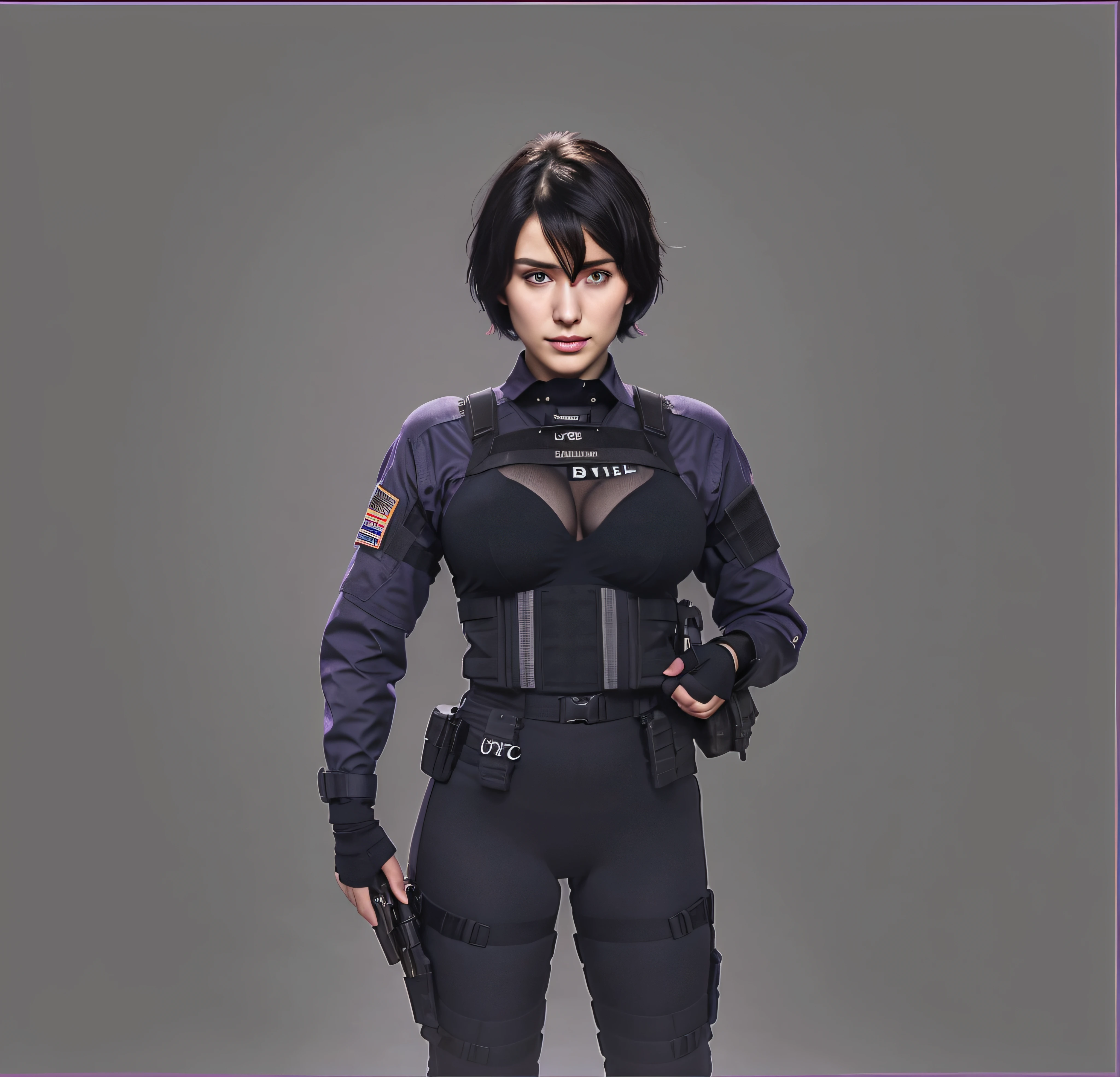 hyperrealism, big breasts, giant breasts, huge breasts, short hair, black hair, violet eyes, sharp eyes, dark circles, tactical, sharp hair, full body