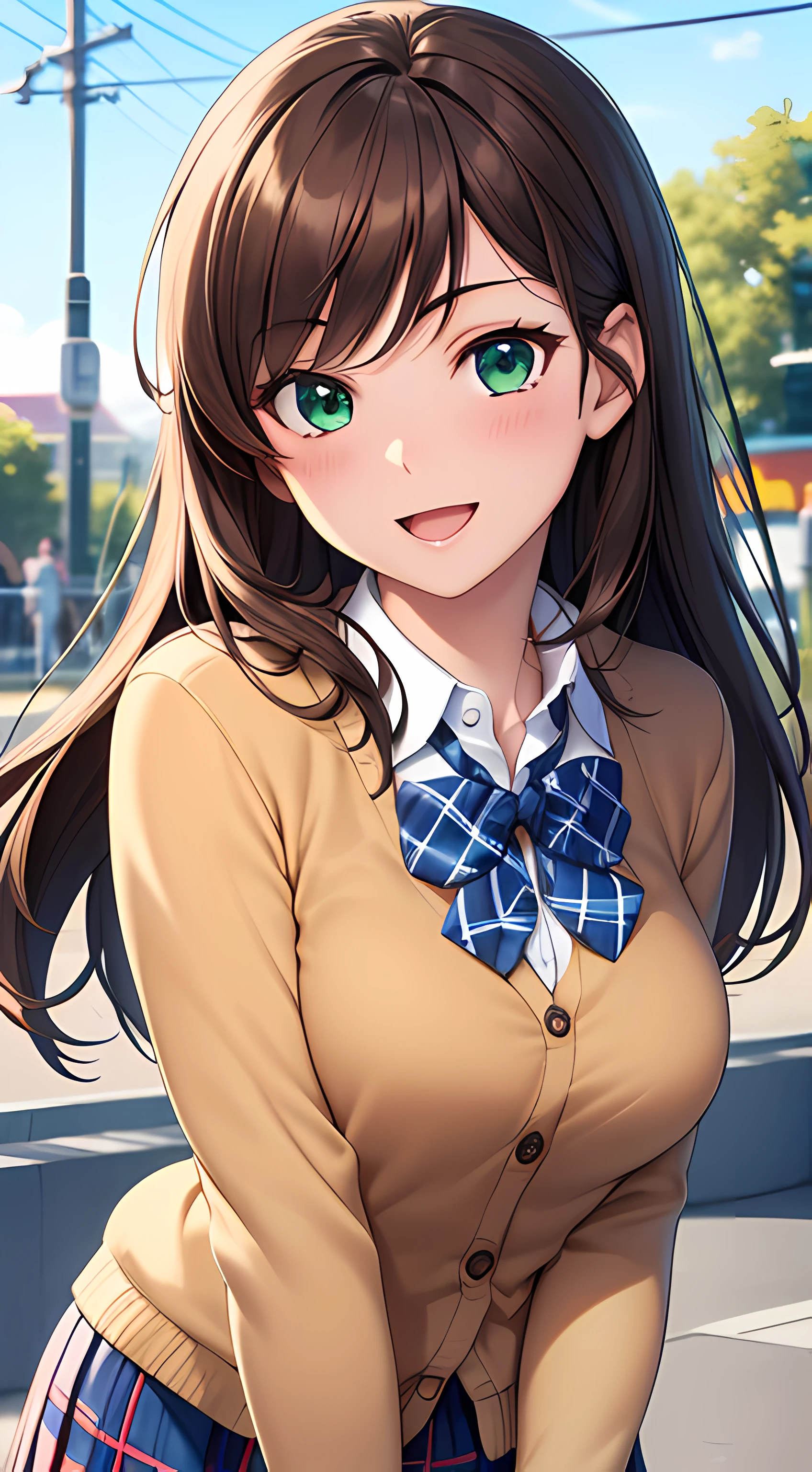 ((masterpiece, best quality, highres, UHD, perfect pixel, depth of field, 4k, RTX, HDR)), 1girl, single, solo, beautiful anime girl, beautiful artstyle, anime character, ((long hair, parted bangs, brown hair)), (green eyes:1.4, rounded eyes, beautiful eyelashes, realistic eyes), (detailed face, blushing:1.2), (smooth texture:0.75, realistic texture:0.65, photorealistic:1.2, anime CG style), medium breasts, (dynamic angle, dynamic pose:1.4, looking to viewer), perfect body, busty, ((JK school uniform, plaid skirts, neck bowtie, cardigan)), smile, open mouth, leaning forward, hands behind back, amusement park