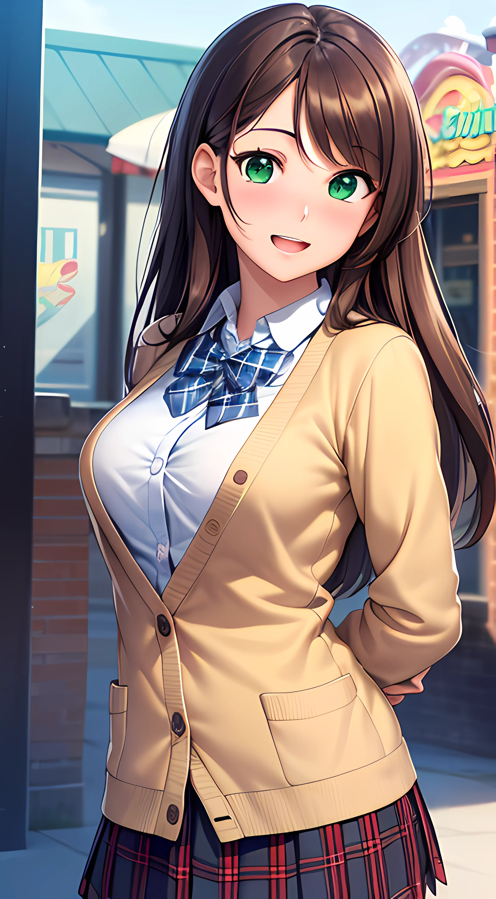 ((masterpiece, best quality, highres, UHD, perfect pixel, depth of field, 4k, RTX, HDR)), 1girl, single, solo, beautiful anime girl, beautiful artstyle, anime character, ((long hair, parted bangs, brown hair)), (green eyes:1.4, rounded eyes, beautiful eyelashes, realistic eyes), (detailed face, blushing:1.2), (smooth texture:0.75, realistic texture:0.65, photorealistic:1.2, anime CG style), medium breasts, (dynamic angle, dynamic pose:1.4, looking to viewer), perfect body, busty, ((JK school uniform, plaid skirts, neck bowtie, cardigan)), smile, open mouth, leaning forward, hands behind back, amusement park