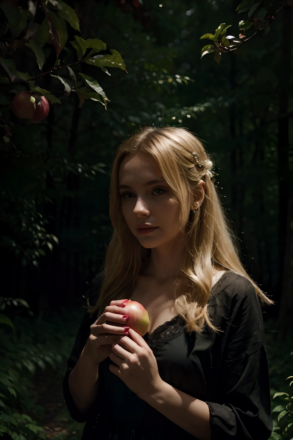 (A blonde girl holding an apple in a dark forest at night),illustration,Detailed trees and leaves, ethereal atmosphere,(melhor qualidade,4k,8k,Alto,master part:1.2),vivid colors,soft lighting,beleza natural,silencioso e misterioso,sombras sutis,sereno e calmo,Atmosfera encantada,magia noturna