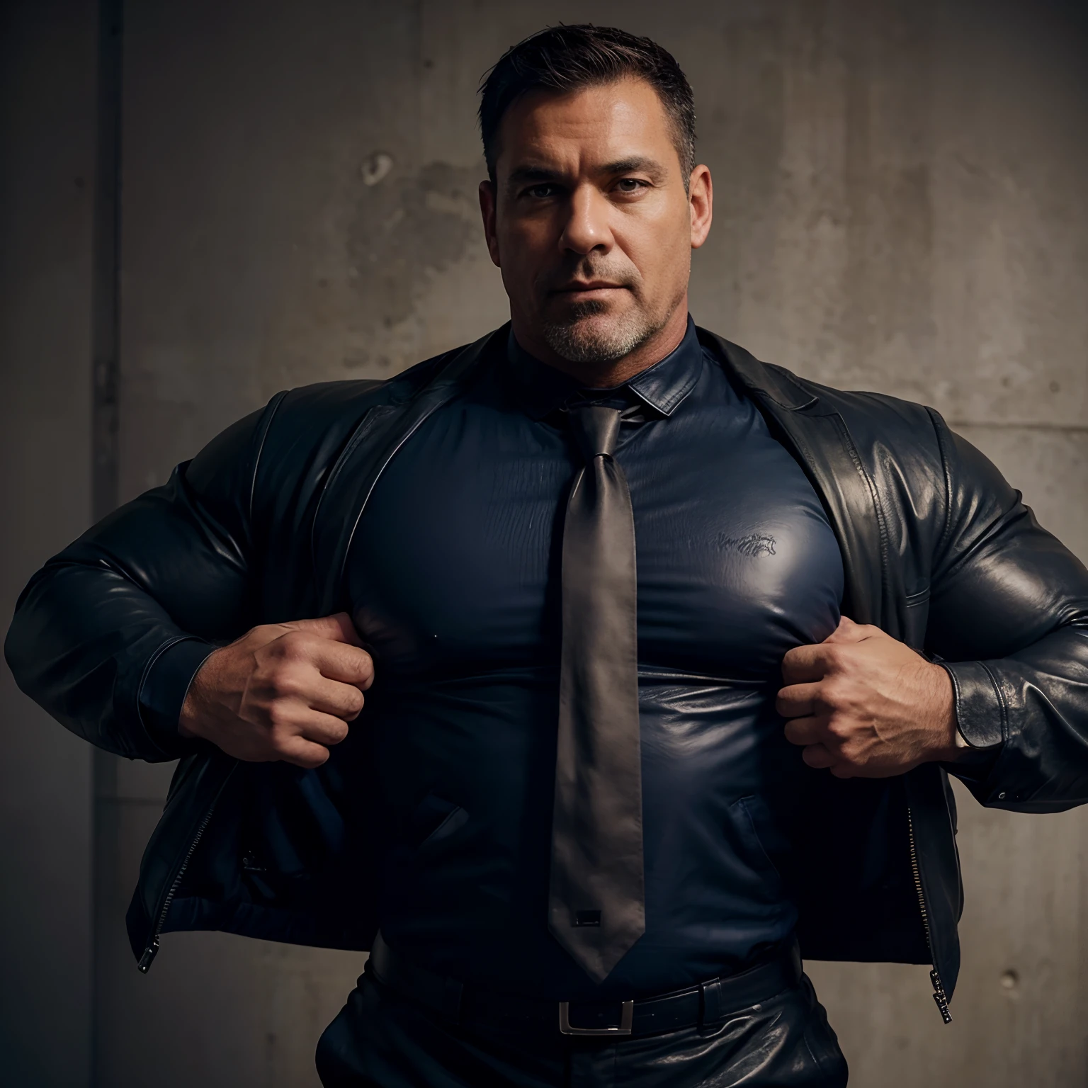 50 years old , daddy , male , muscled with huge arms , huge pecs , huge torso , navy , military , in leather suit with a tie and a jacket  , full body