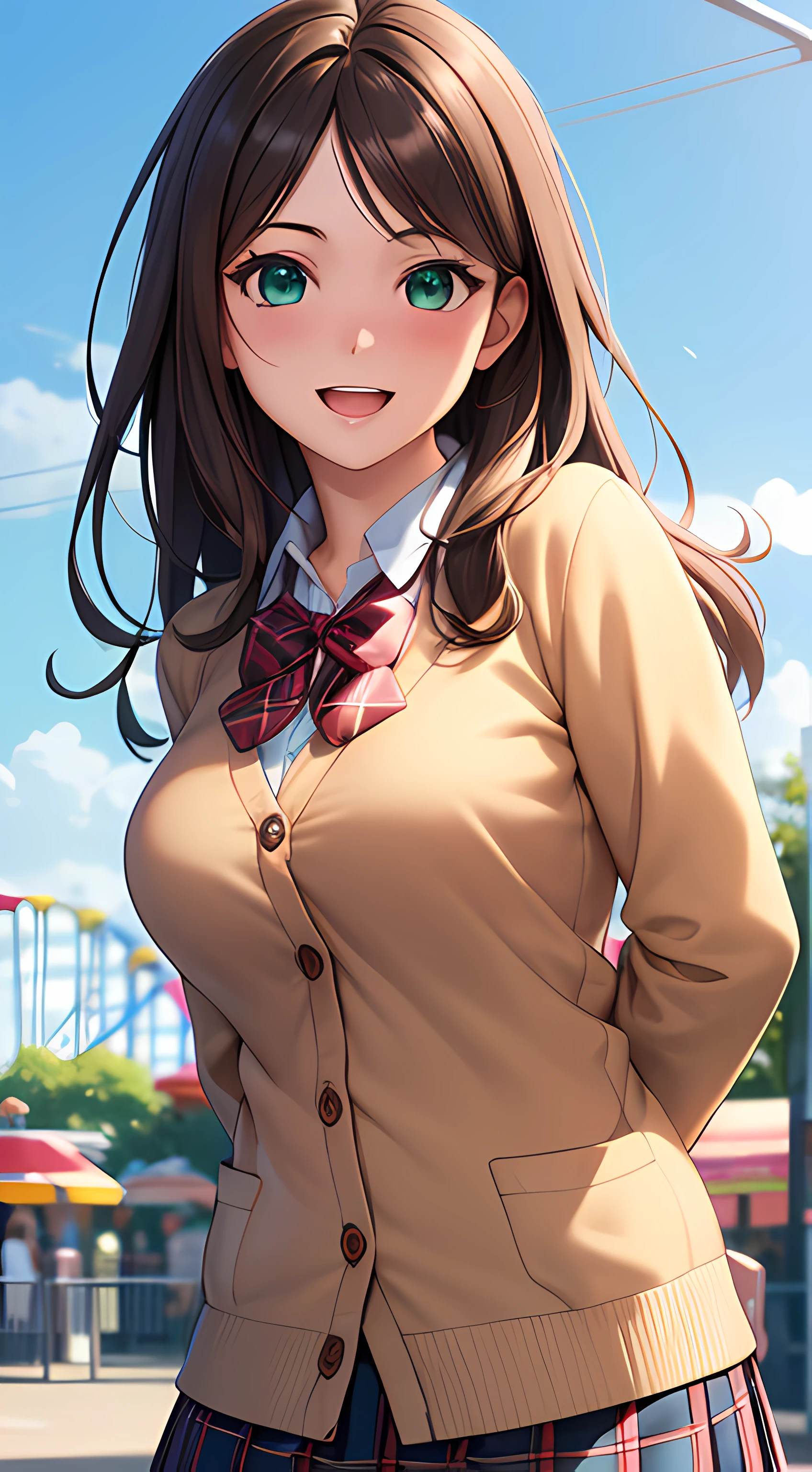 ((masterpiece, best quality, highres, UHD, perfect pixel, depth of field, 4k, RTX, HDR)), 1girl, single, solo, beautiful anime girl, beautiful artstyle, anime character, ((long hair, parted bangs, brown hair)), (green eyes:1.4, rounded eyes, beautiful eyelashes, realistic eyes), (detailed face, blushing:1.2), (smooth texture:0.75, realistic texture:0.65, photorealistic:1.2, anime CG style), medium breasts, (dynamic angle, dynamic pose:1.4, looking to viewer), perfect body, busty, ((JK school uniform, plaid skirts, neck bowtie, red cardigan)), smile, open mouth, leaning forward, hands behind back, amusement park
