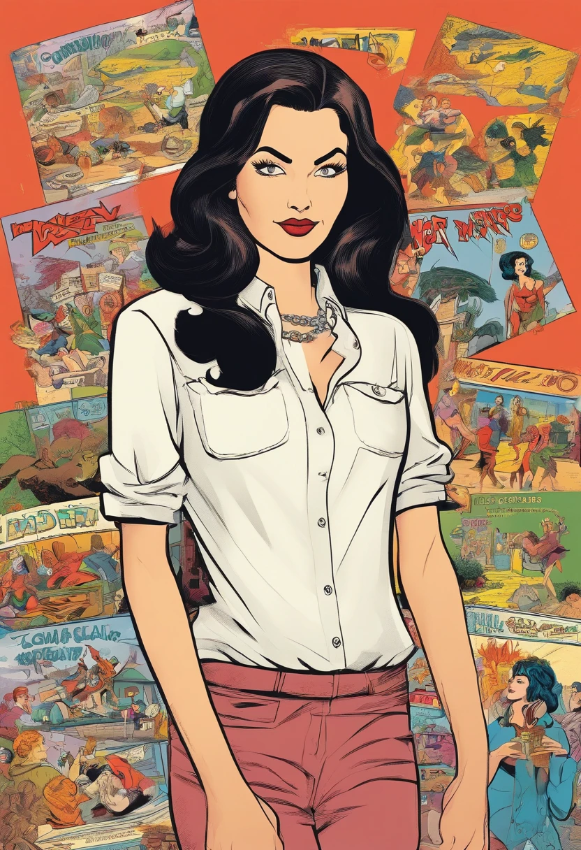 whimsical retro comic book scene in the style of MAD Magazine, a ite young woman with long dark hair, humorous depiction of single mom life