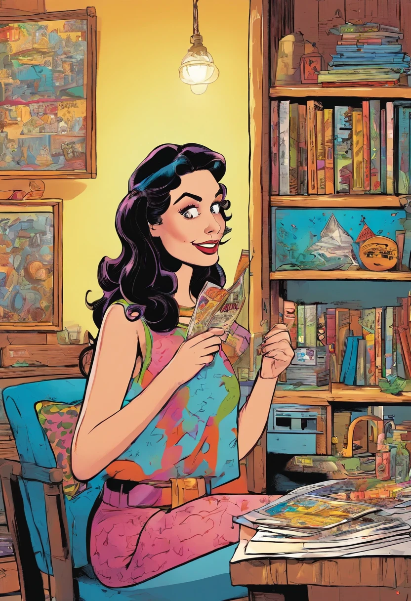 whimsical retro comic book scene in the style of MAD Magazine, a petite young woman with long dark hair, humorous depiction of single mom life