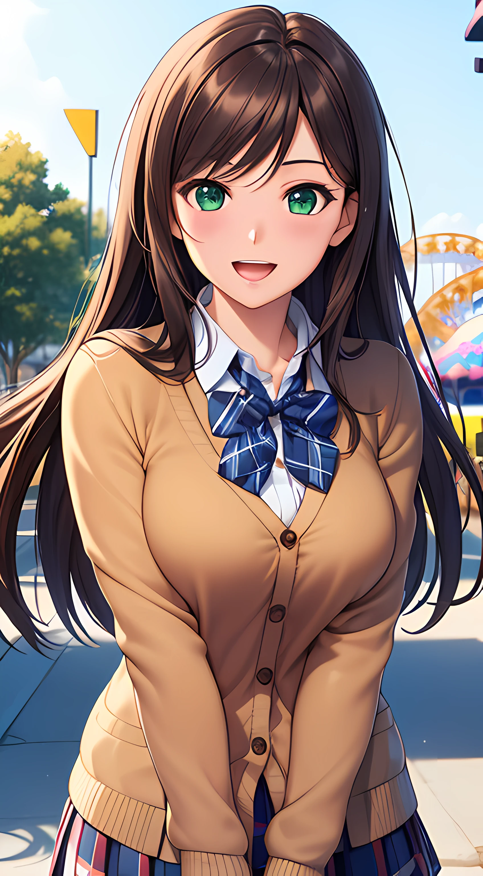 ((masterpiece, best quality, highres, UHD, perfect pixel, depth of field, 4k, RTX, HDR)), 1girl, single, solo, beautiful anime girl, beautiful artstyle, anime character, ((long hair, parted bangs, brown hair)), (green eyes:1.4, rounded eyes, beautiful eyelashes, realistic eyes), (detailed face, blushing:1.2), (smooth texture:0.75, realistic texture:0.65, photorealistic:1.2, anime CG style), medium breasts, (dynamic angle, dynamic pose:1.4, looking to viewer), perfect body, busty, ((JK school uniform, plaid skirts, neck bowtie, red cardigan)), smile, open mouth, leaning forward, hands behind back, amusement park