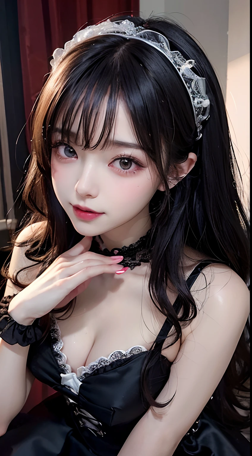 top-quality　​masterpiece　8K Masterpiece　Face with ultra-detailed details　Draw the face in detail　One woman wearing Gothic ta　Full body photo　kawaii pose　Sexy Pictures　Focus on the face　Kamimei　Close-range photography　The majority of users on the screen　profetional lighting　Cute gothroli flapping　Vibrant photo　red blush　Shyness　perspiring　agitation　Happy expression　Sullen expression　Ecstatic look Sex appeal　The neat and clean heroine of a dating simulation game　Shiny wet crow hair　Gloss　Bruises and cuteness　Buriko　Unreality　absurderes　unbelievable　Gothic loli sexy　A sexy　A sexy　A sexy　A sexy　A sexy　Mini　childish　Heavy bangs　Underwear is visible through clothes　Pants are visible from under the skirt　sexy  pose　Lots of skin tones　Bet　Cute Cute　White lace headdress