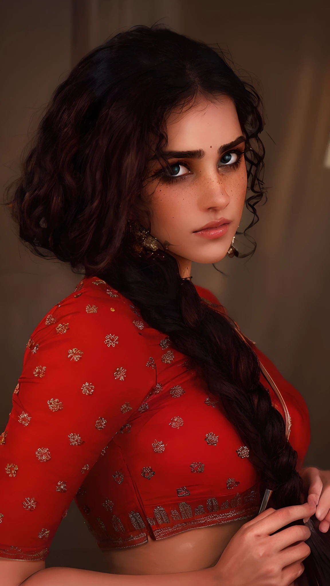 An award-winning photo,A beautiful tired tan-skinned woman,Beautiful eyes and freckles, Messy bun, disheveled black hair, sitting beside the window, Dark lighting, Deep shadows, High contrast, Beautiful eyes, absurderes, 8K, (High quality:1.3), Tired, Sleepy, poverty, sadness, depression, artstation hd, concept-art, Detailed face and body, Award-winning photography,