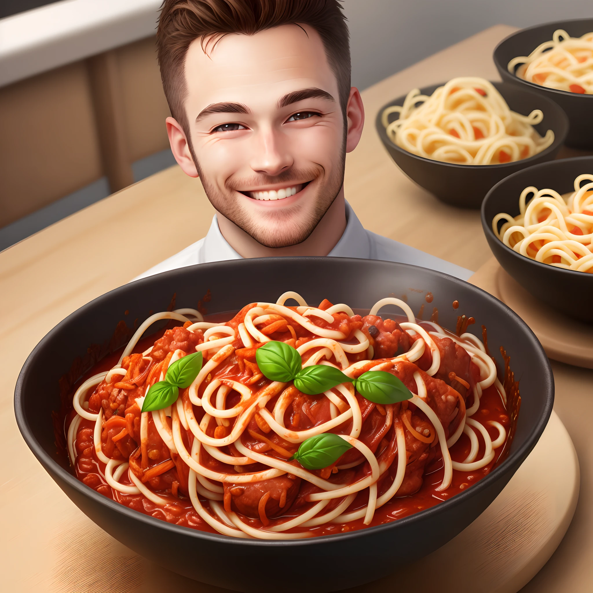 Smiling man with spaghetti bolognese instead of hair, high quality, high detail, photorealistic