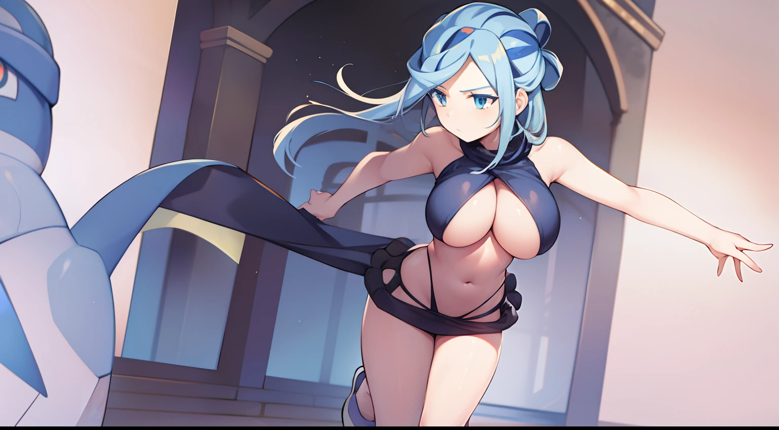(masterpiece), solo, complete body view, best quality, expressive eyes, perfect face, perfect hands, full body, adult, mature, fierce stance, Grusha from Pokemon, light blue Hair, big boobs,