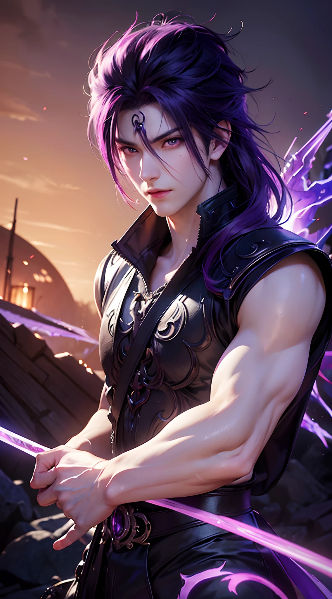 anime character with purple hair and glowing eyes in front of a dark background, handsome guy in demon slayer art, epic fantasy art style, badass anime 8 k, epic fantasy digital art style, detailed digital anime art, human male demon, portrait of hades, epic fantasy art style hd, fierce expression 4k, demon male, extremely detailed artgerm