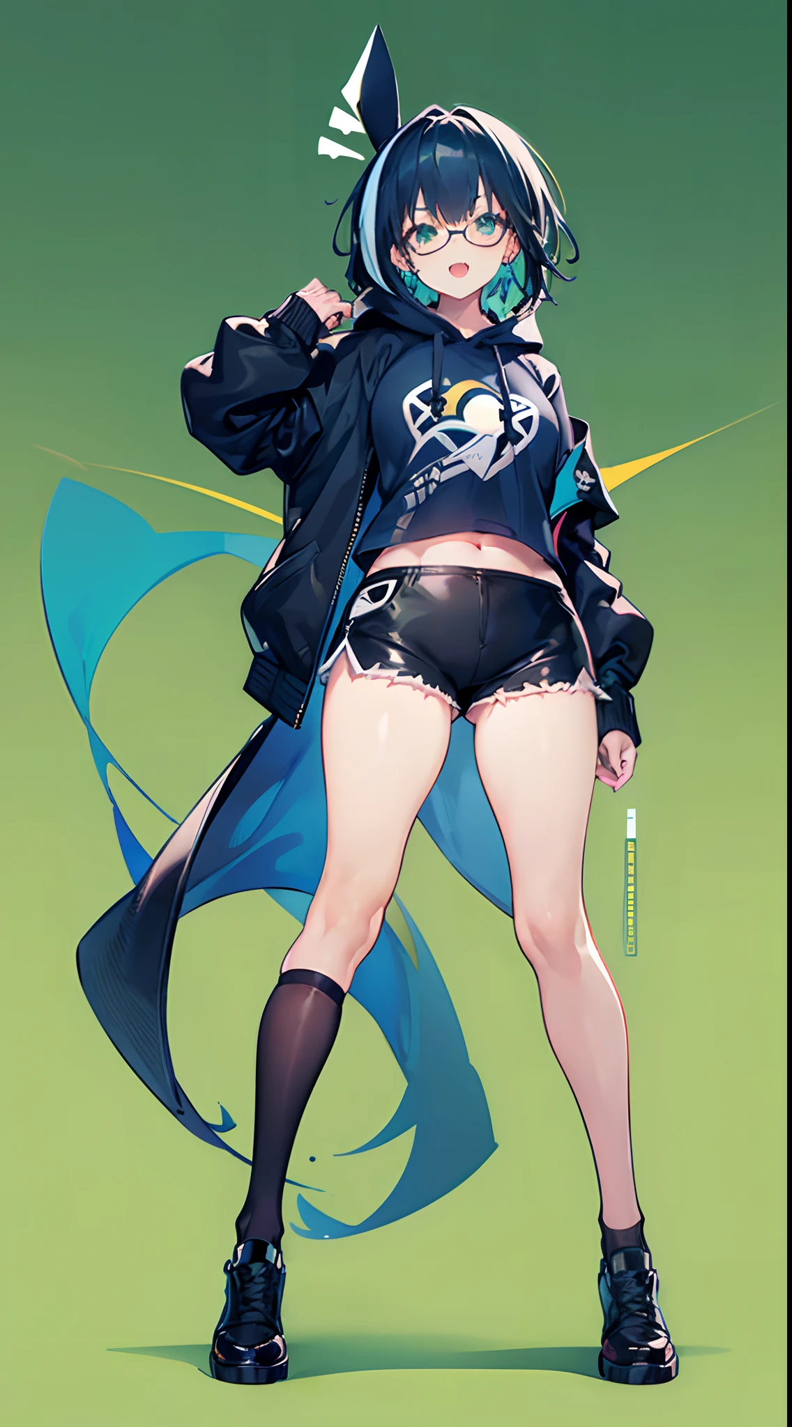 ((1girl)),(((full body))),(solo),(standing),((green background,simple background)),open mouth slightly,two-tone hair,(((dark blue hair:1.2))),blue hair,streaked hair,blonde streaked hair,short hair, (((medium breasts))), Navel exposed,(tan skin:1.3), plump thighs, tareme, glasses, ((light smile)), fang, ((black leather short pants)),dark thigh high socks, musical note earrings,ware over a long front-opening hoodie,ware over a penguin hoodie, take off the hood, (blue cropped shirt), ((((masterpiece)))), high quality, very_high_resolution, ulutra detailed, large_filesize, full color, anatomically correct