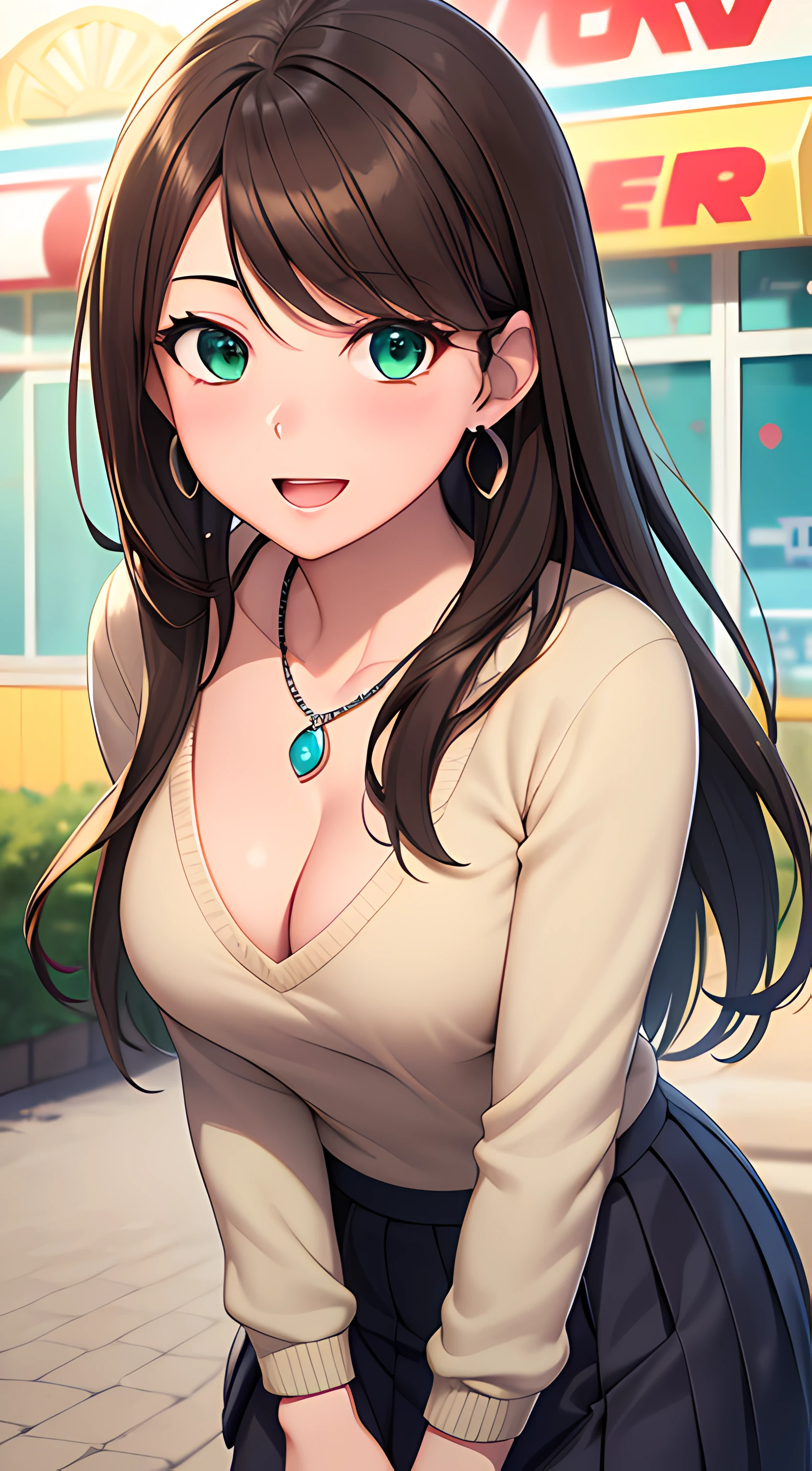 ((masterpiece, best quality, highres, UHD, perfect pixel, depth of field, 4k, RTX, HDR)), 1girl, single, solo, beautiful anime girl, beautiful artstyle, anime character, ((long hair, parted bangs, brown hair)), (green eyes:1.4, rounded eyes, beautiful eyelashes, realistic eyes), (detailed face, blushing:1.2), (smooth texture:0.75, realistic texture:0.65, photorealistic:1.2, anime CG style), small breasts, cleavage, (dynamic angle, dynamic pose:1.4, looking to viewer), perfect body, busty, ((white sweater, long sleeve, pleated skirts, stocking)), smile, open mouth, leaning forward, hands behind back, amusement park, diamond necklace, rounded earrings