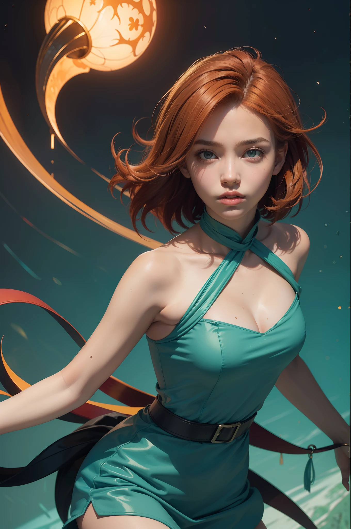 concept art, overhead angle of a Will-o'-the-wisp, wearing Funny Somali Emerald deep orange Pinafore, Caramel hair styled as Short hair, fluorescent purple Hair tie, equirectangular 360, Highres,  [(art by Willi Baumeister:1.1), (art by John T. Biggers:1.2)::17], official art, unity 8k wallpaper, ultra detailed, aesthetic, masterpiece, best quality, photorealistic