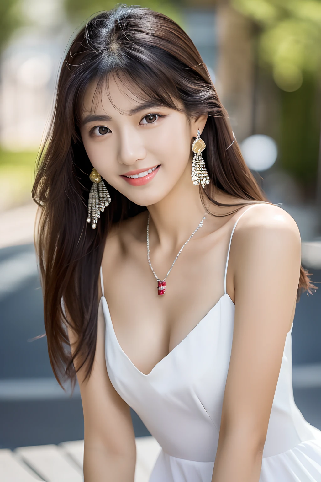 (masutepiece,Masterpiece,top-quality), Stunning photos of Korean girl models, Full body, 8K, Raw photo, Looking at Viewer, (highly detailedskin:1.2), Slim body, Black hair, (Photorealistic:1.4), White long dress, Solo, Jewelry, earrings, (Looking at Viewer), Long hair, Brown eyes, Portrait, Realistic, Smile, makeup, A city scape
