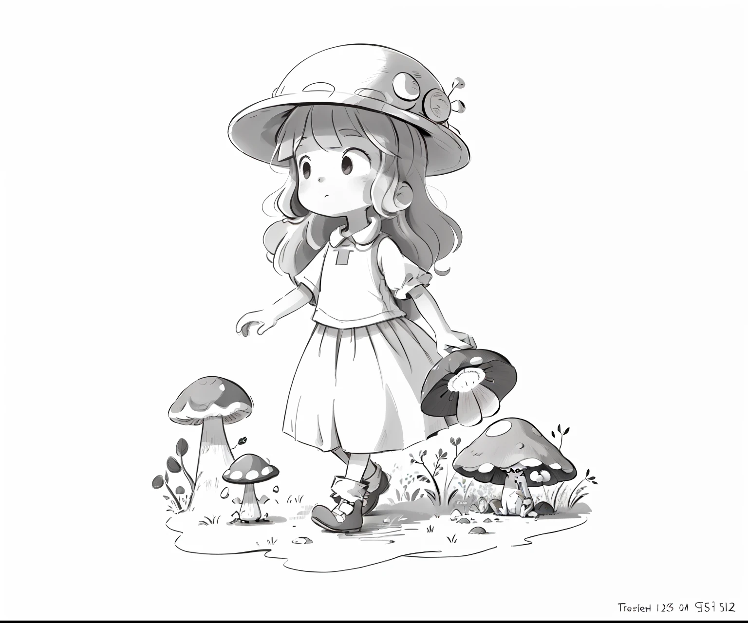 Draw a mushroom girl in a hat and dress, Official illustration, storybook illustrations, Detailed 2D illustration, children's book illustrations, Storybook illustration, full page illustration, cute storybook illustration, children's book illustrations, children's book illustrations, clean coloring book page, Character illustration