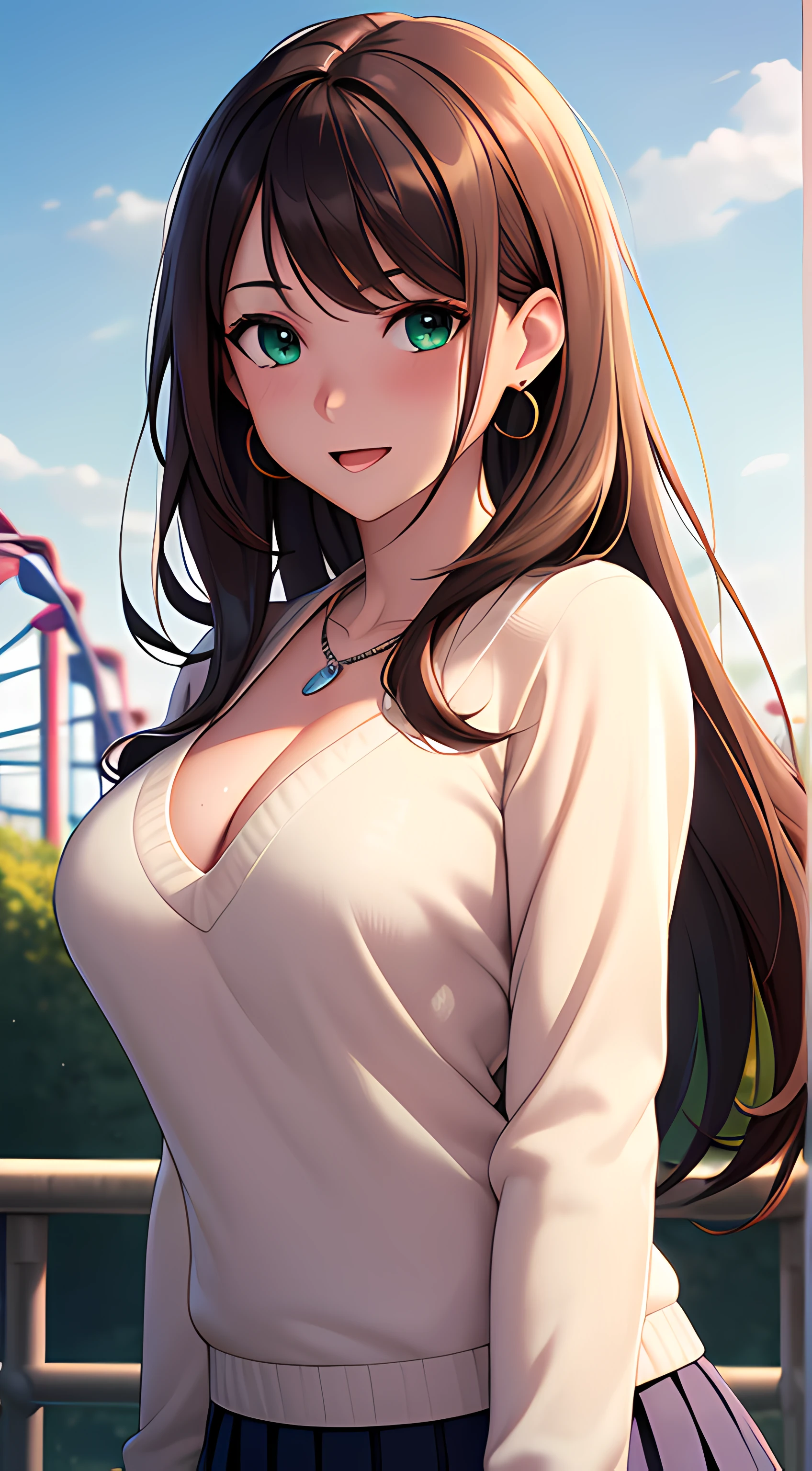 ((masterpiece, best quality, highres, UHD, perfect pixel, depth of field, 4k, RTX, HDR)), 1girl, single, solo, 24 years old, beautiful anime girl, beautiful artstyle, anime character, ((long hair, parted bangs, brown hair)), (green eyes:1.4, rounded eyes, beautiful eyelashes, realistic eyes), (detailed face, blushing:1.2), (smooth texture:0.75, realistic texture:0.65, photorealistic:1.2, anime CG style), medium cleavage, (dynamic angle, dynamic pose:1.4, looking to viewer), perfect body, busty, ((white sweater, long sleeve, pleated skirts, stocking)), smile, open mouth, leaning forward, hands behind back, amusement park, diamond necklace, rounded earrings