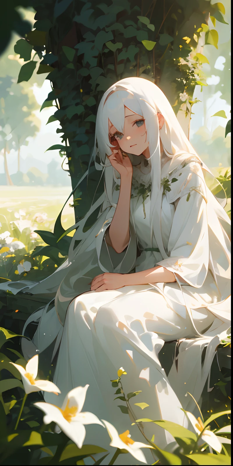 (masterpiece, best quality),1girl with long white hair sitting in a field of green plants and flowers, her hand under her chin, warm lighting, white dress, blurry foreground