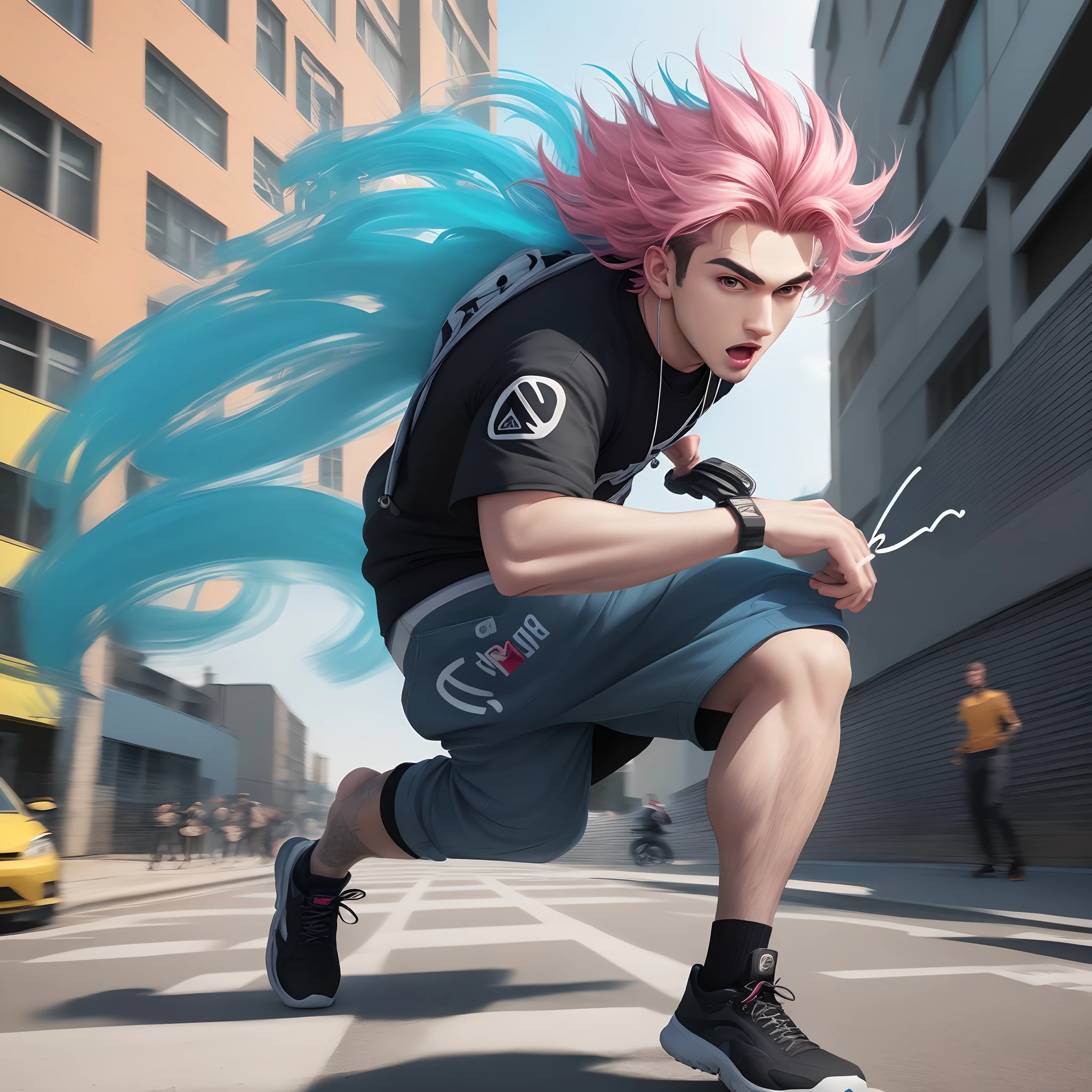 8K ,Top image quality,YouTubers posting for the first time,Cool Boy,Handsome Signature Look,Unique hair color,Dazzling colors,Cool action,The background is full of energy,Enthusiastic street,Light and shadow interlace,streetart,Fashion Logo。